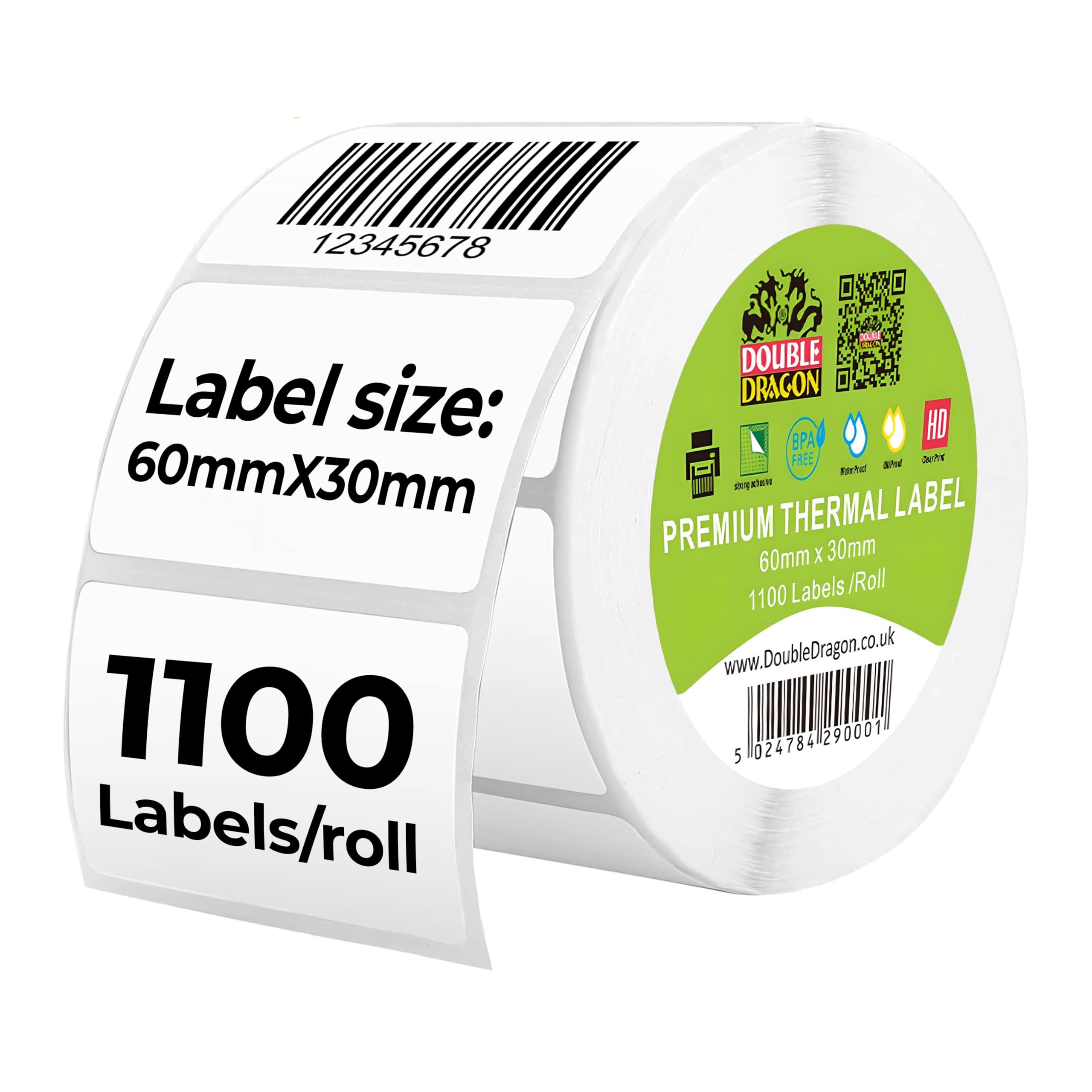 Double Dragon Direct Thermal Printer Labels - 60mm x 30mm, 1,100 Labels per Roll