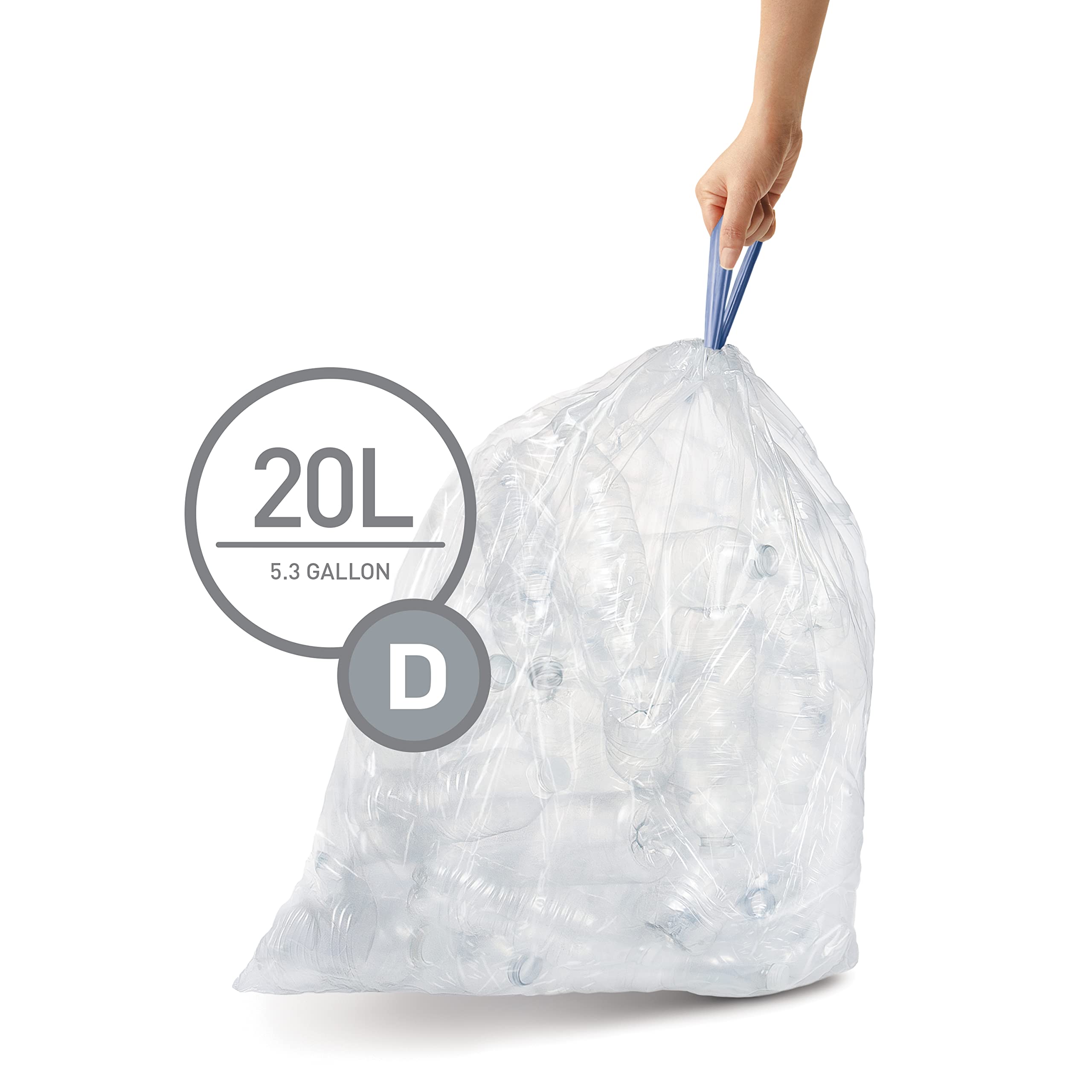 simplehuman CW0278 Code D Custom Fit Bin Liner - 60 Count, 20L Capacity, Clear Plastic