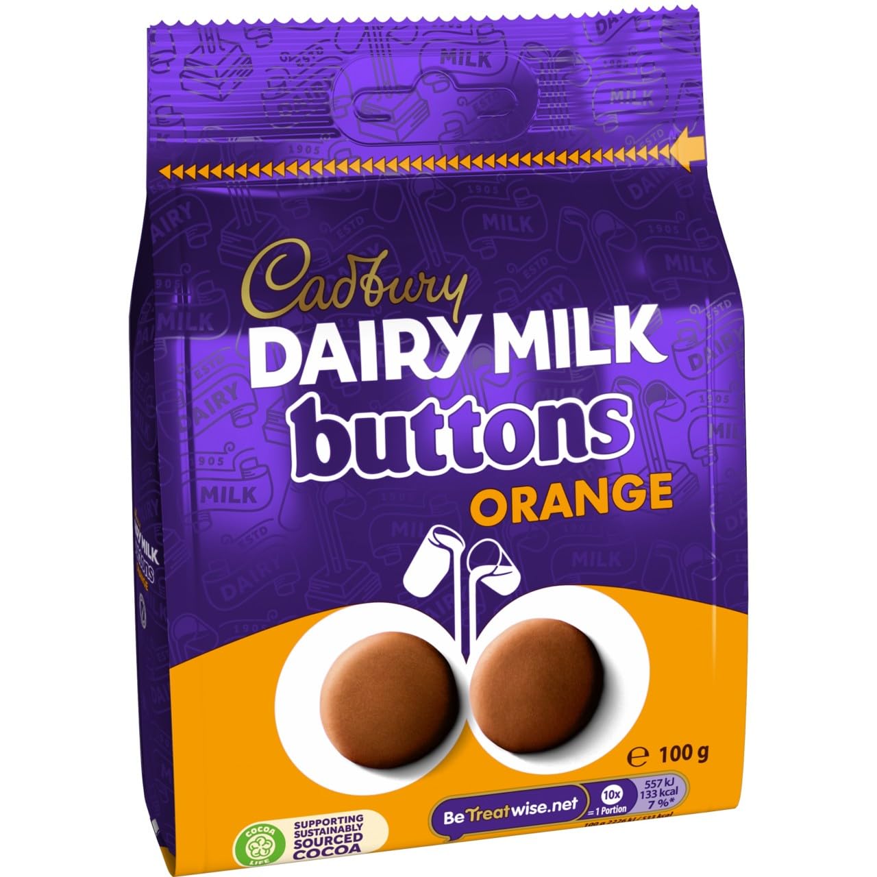 Cadbury Dairy Milk Schokoladen-Orangengeschmack, Riesenknöpfe, 100 g Beutel zum Teilen 3