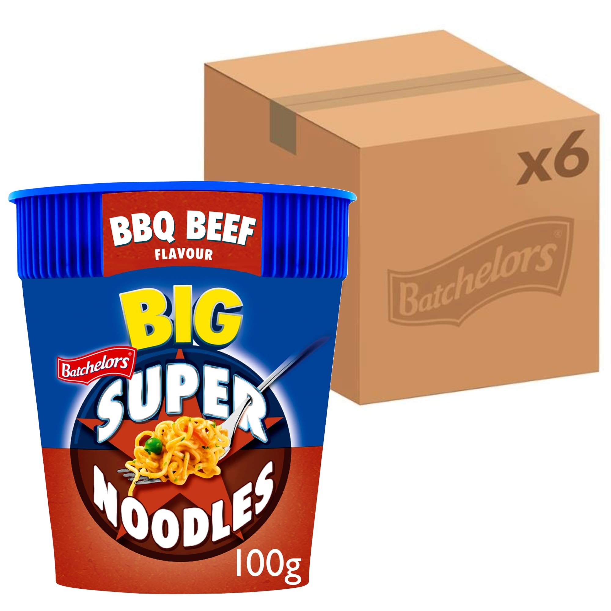 Batchelors Big Super Noodles BBQ Beef Flavour Instant Snack Pot - 100g (Pack of 6)