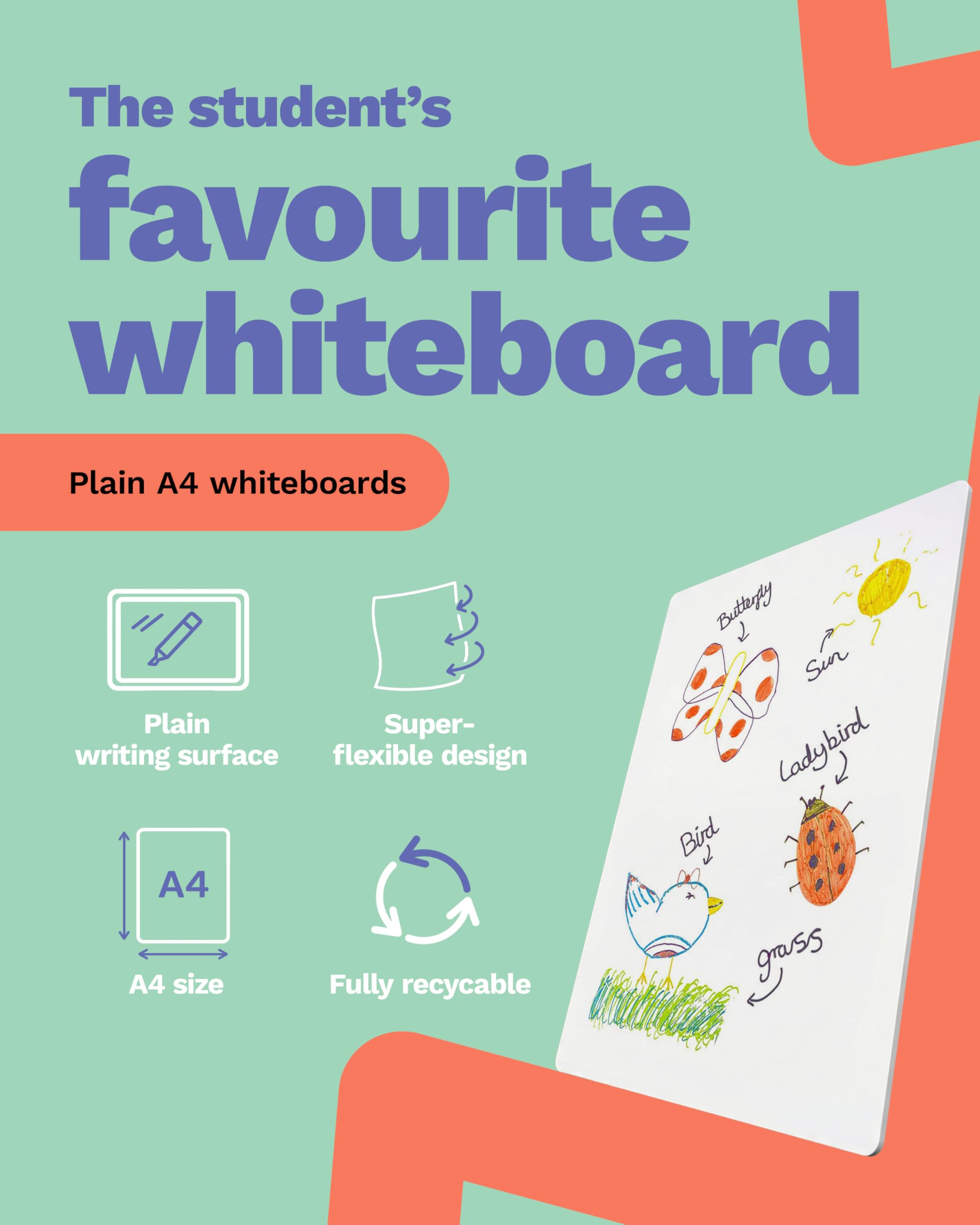 SHOW-ME A4 Mini Whiteboards - Plain Drywipe, Lightweight 0.5mm, Pack of 10