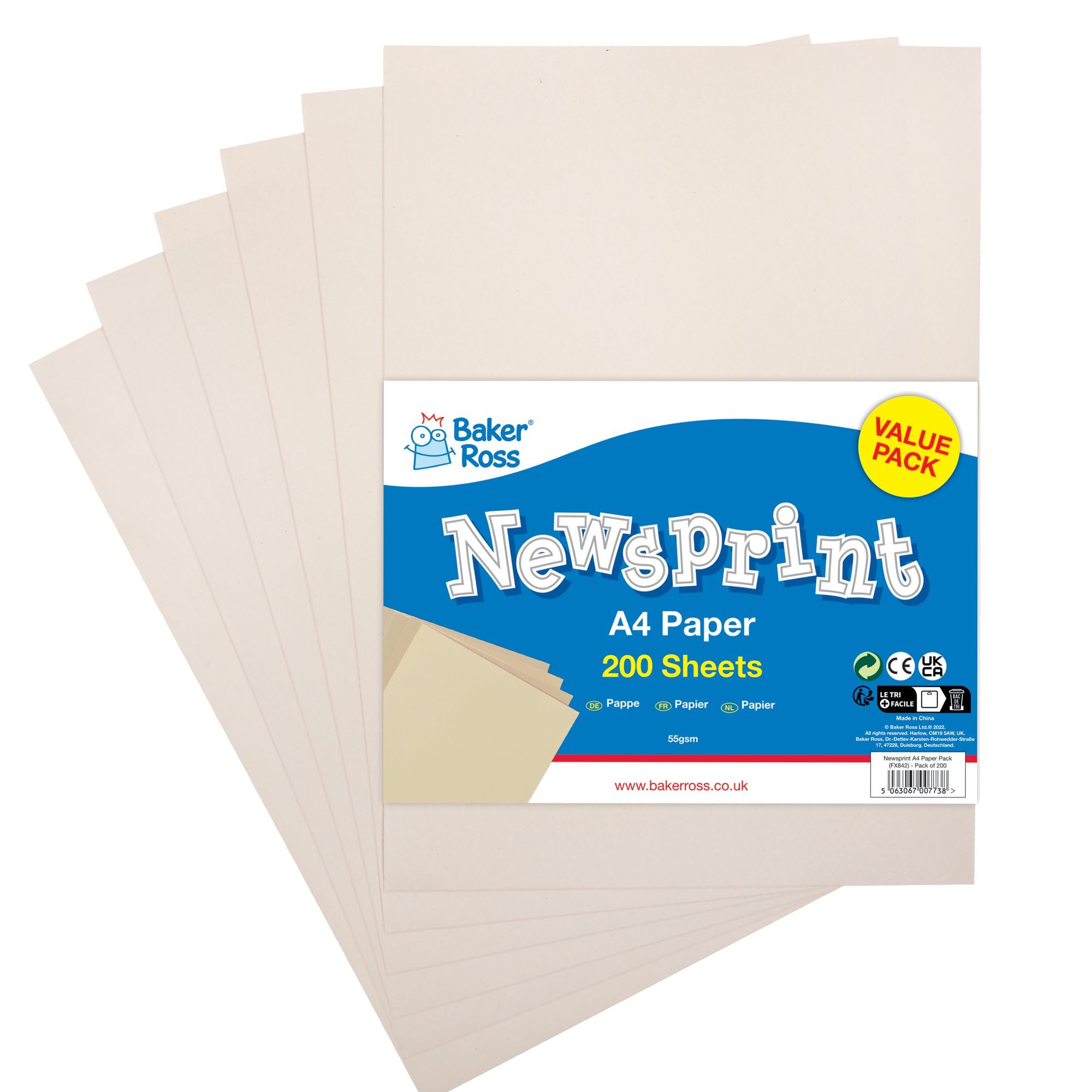 Baker Ross Newsprint Paper Pack - 200 A4 Sheets for Crafting and Wrapping | 55gsm