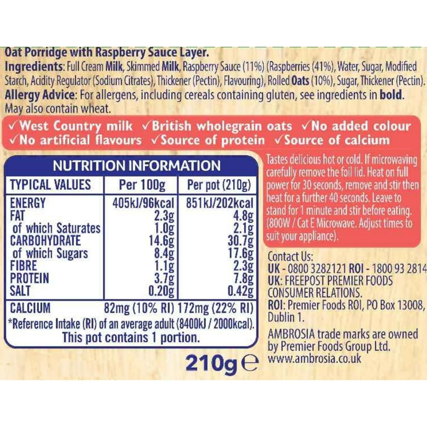Ambrosia Raspberry Layered Porridge Pots - British Wholegrain Oats, Ready-to-Eat | 210g Pots (Pack of 6)