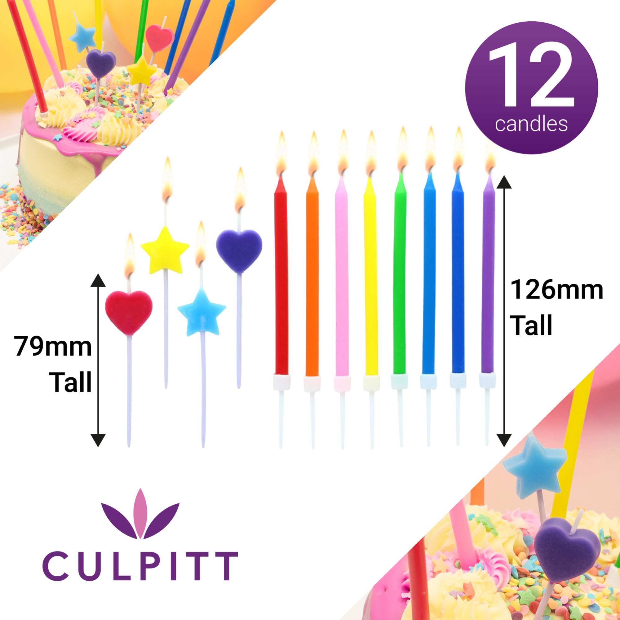 Culpitt Rainbow Birthday Cake Candles - 12 Pack with Tall, Heart, and Star Shapes | Multicoloured Wax 3