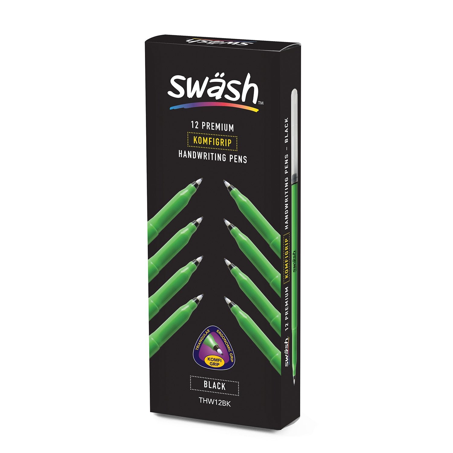 Swash KOMFIGRIP THW12BK Pens for Handwriting, Washable Ink and Pressure-Resistant Tips – Black (Pack of 12)