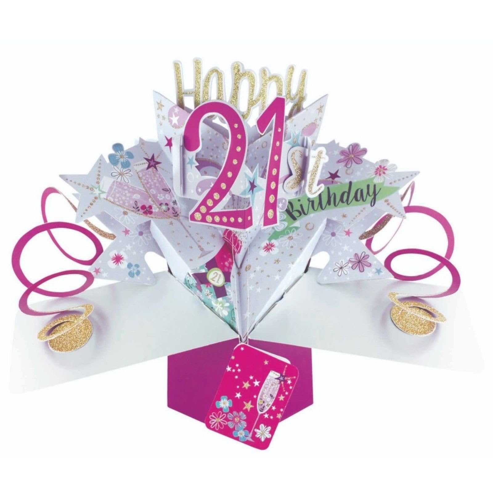 Second Nature Pop Ups 21st Birthday Champagne Bottle 3D Pop-Up Greeting Card | Pink