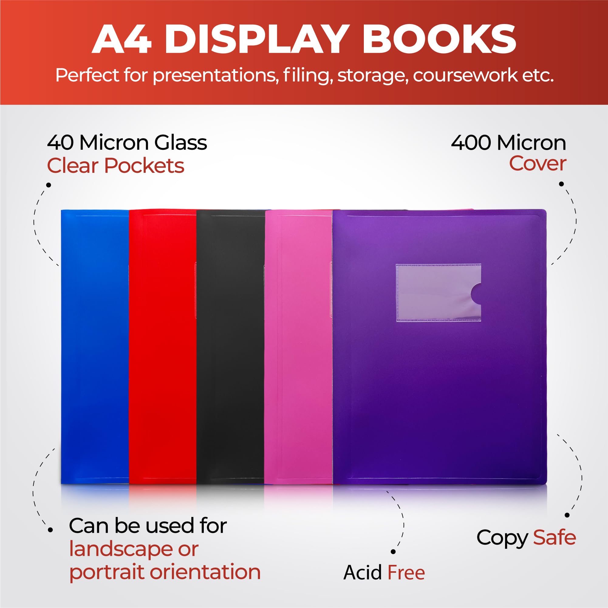 Janrax A4 Red Flexible Cover Presentation Book - 20 Pockets | Plastic | Portrait Style