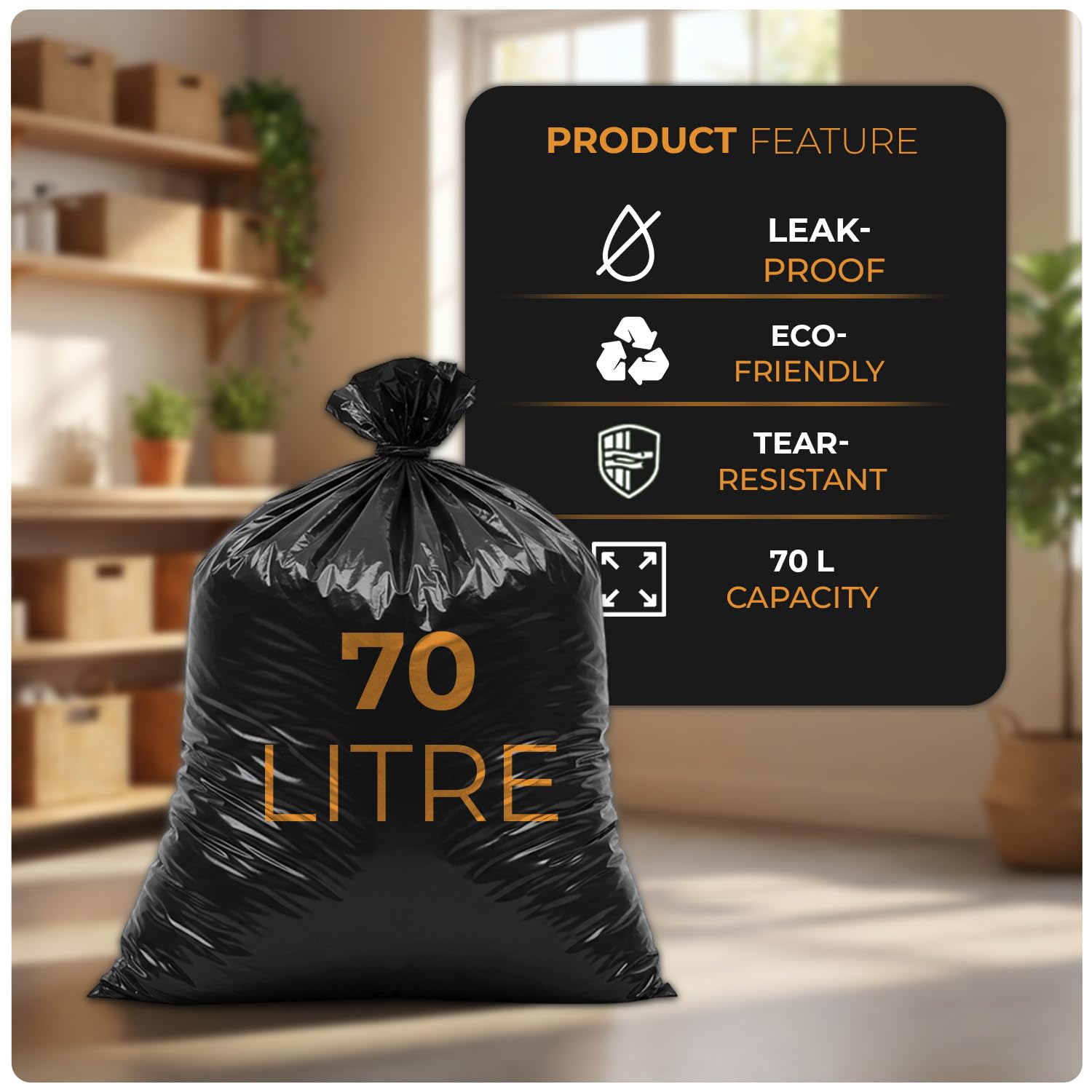 Scott 11 Black Bin Bags - 70L Capacity, 50 Count, 30 Micron Thick, Leak-Resistant 4
