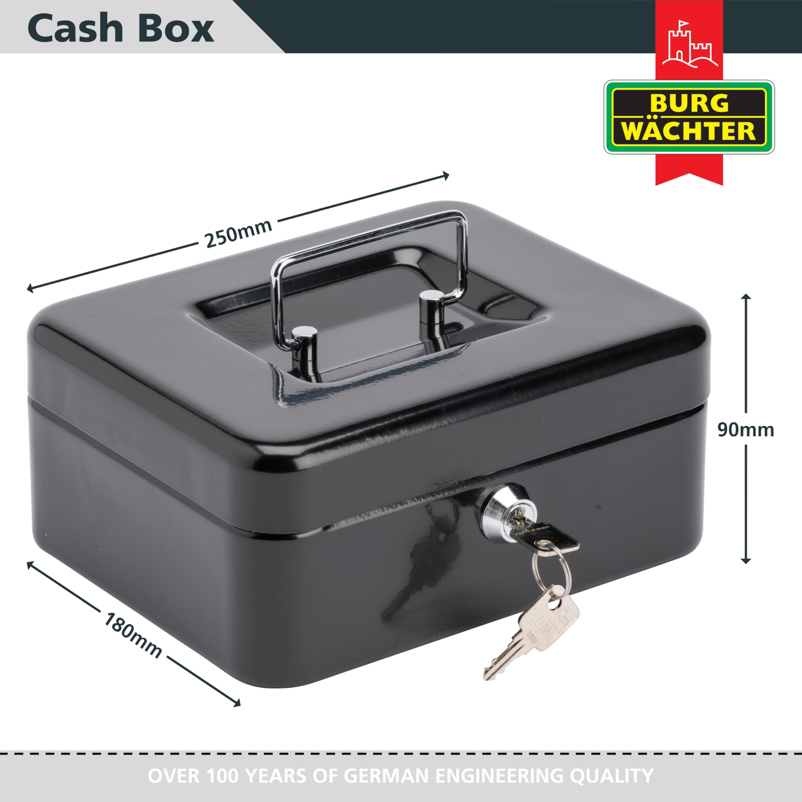 Burg-Wächter CB03GR Money 5025 Cash Box - 10' Size | Black Metal | Key Lock 6