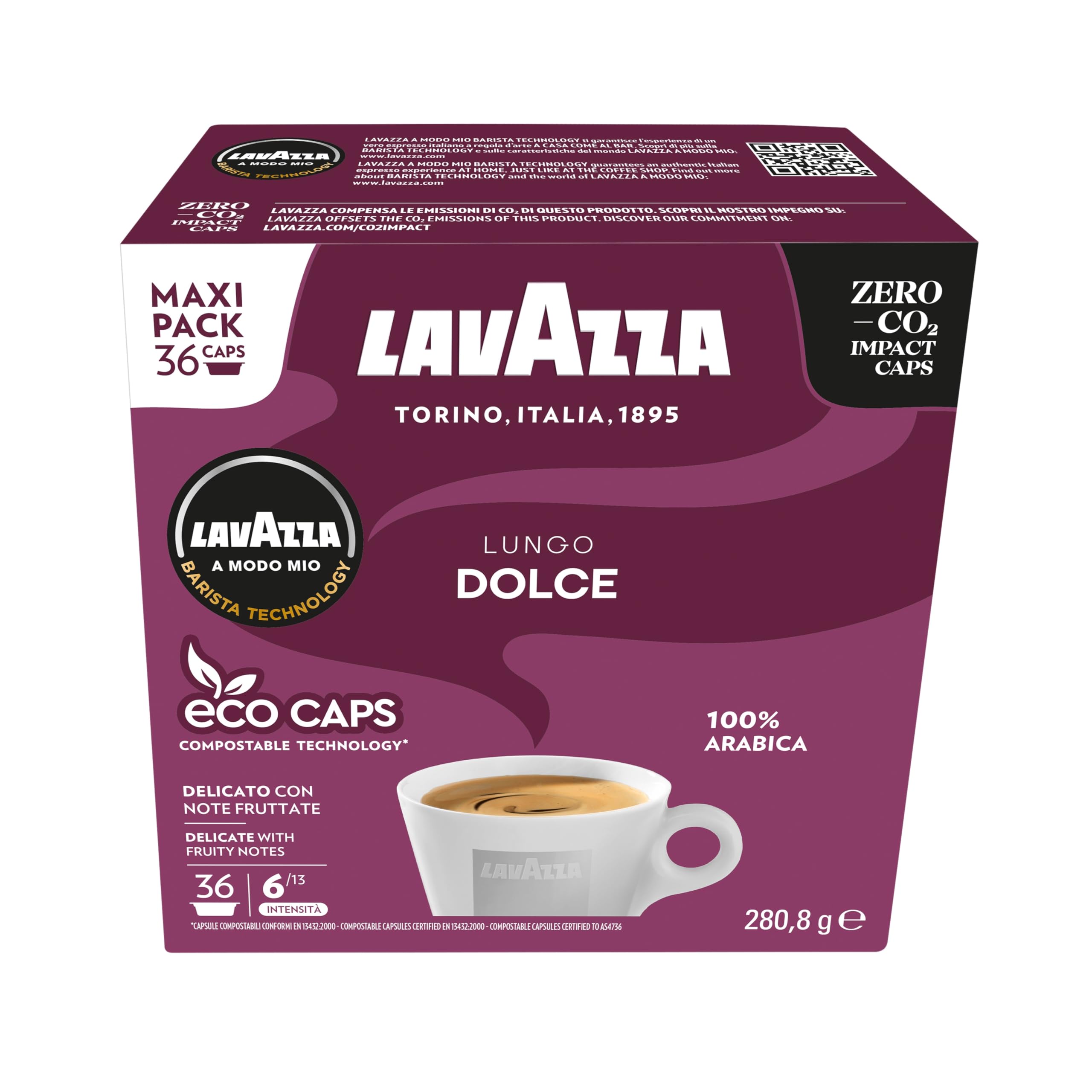 Lavazza A Modo Mio Lungo Dolce – 36 Kapseln 100 % Arabica-Kaffee mit Noten von Trockenfrüchten
