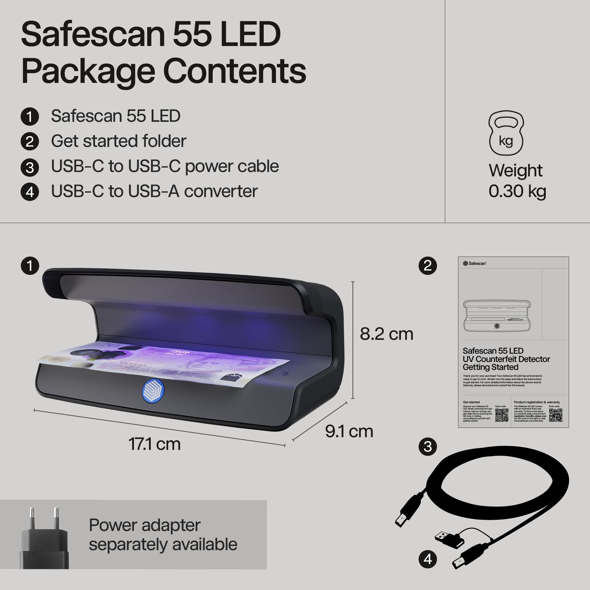Safescan 55 LED Counterfeit Detector with Ultra-Bright UV Light | Global Currency Support | USB-C 5