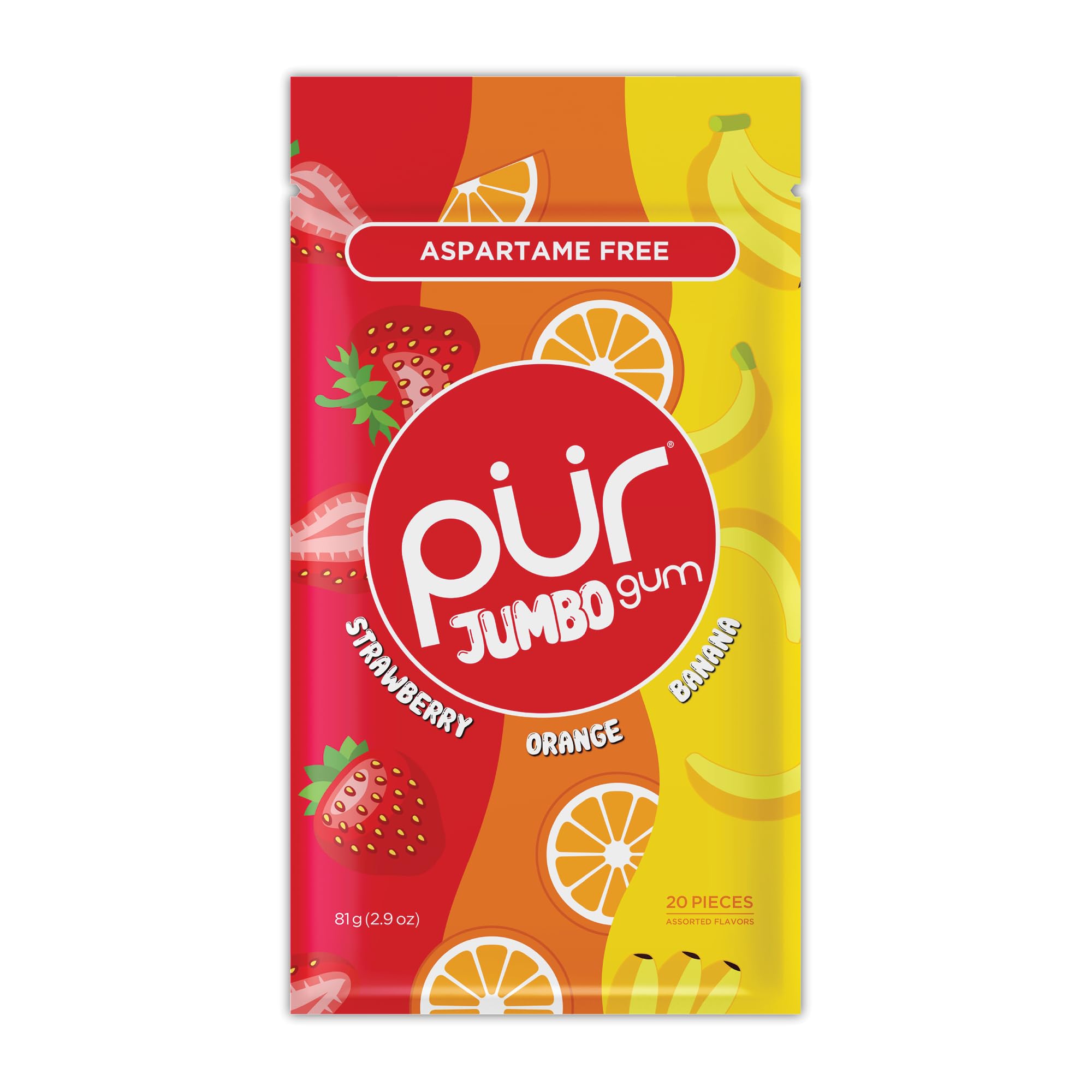 PUR Gum JUMBO - Aspartame Free Xylitol Chewing Gum | 3X Bigger Pieces | Natural Fruit Flavors