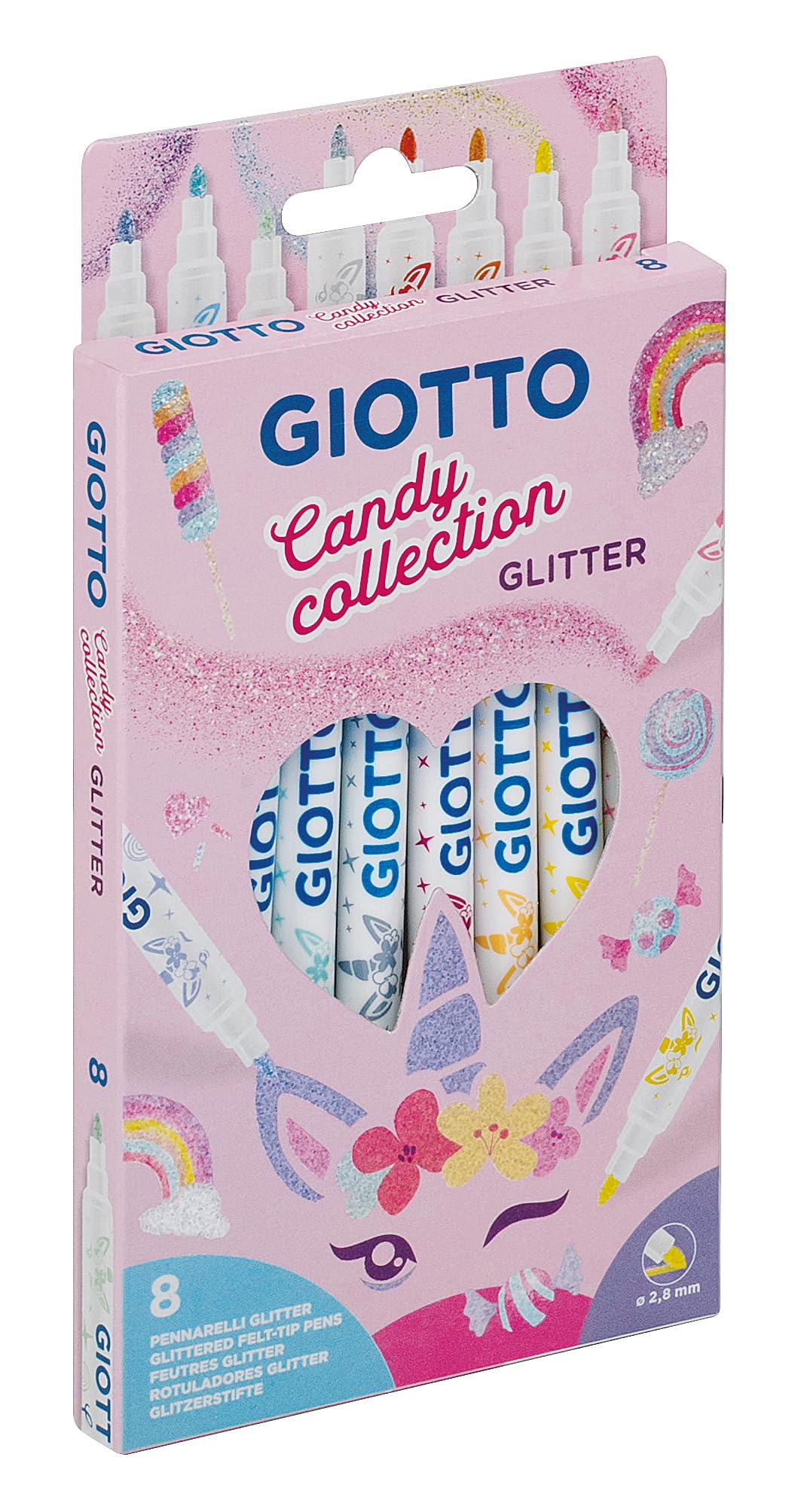 GIOTTO Turbo Glitter Felt Tip Pens - 8 Assorted Pastel Glitter Colours | Fine Tip | Washable Ink