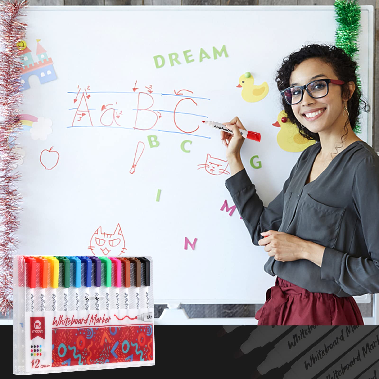 Vinabo Dry Erase Markers - 12 Colour Pack | Erasable Fiber Tips | Quick Drying Ink 6