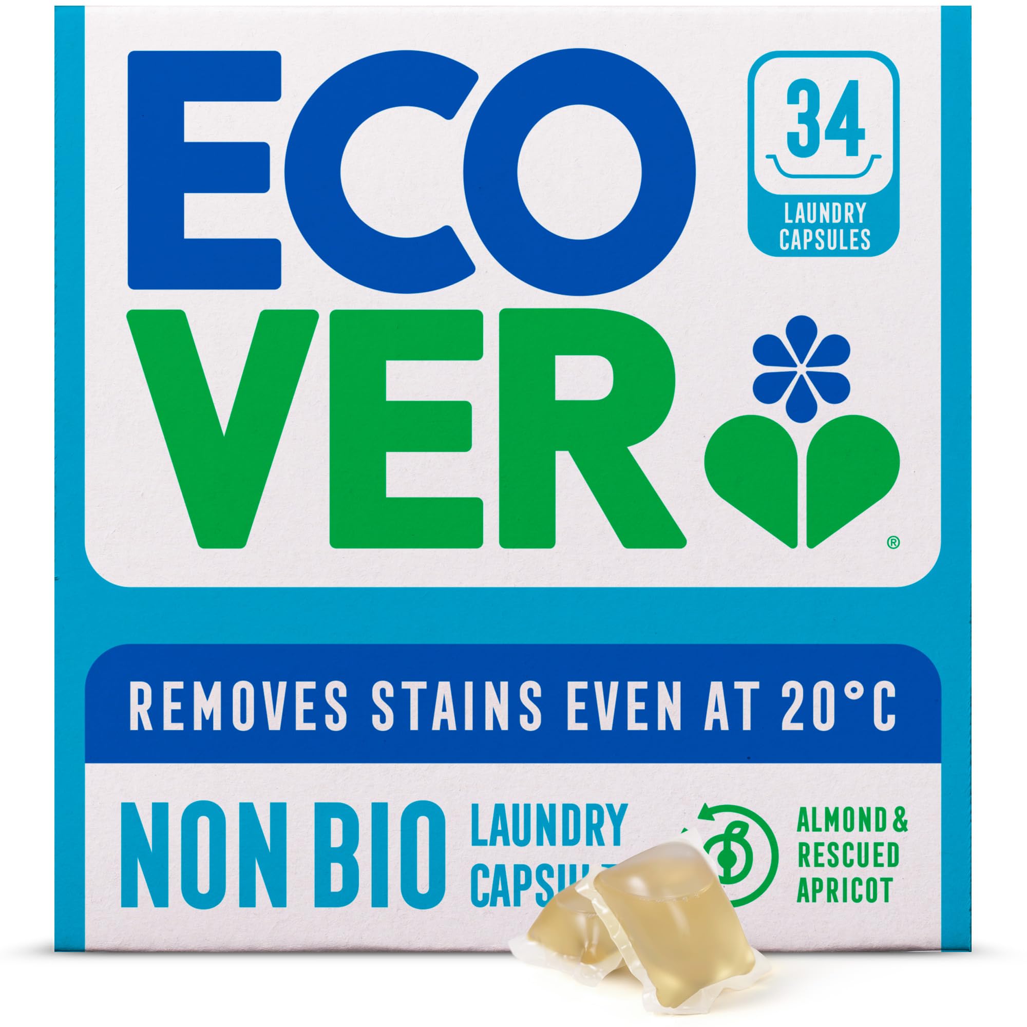 Ecover Non-Bio Washing Capsules - Stain Remover, Almond & Rescued Apricot Scent | 34 Count