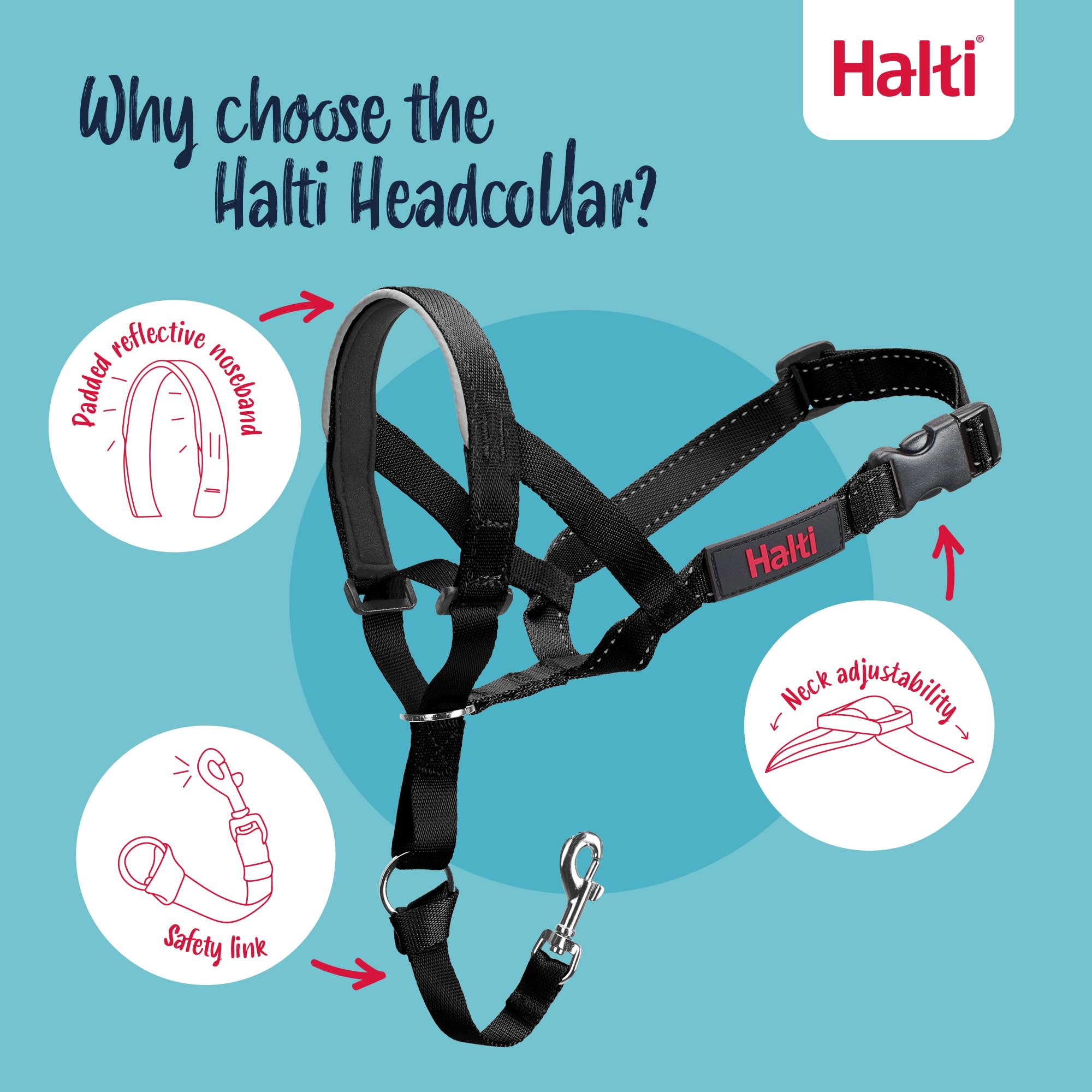 Halti Headcollar - Stop Pulling on Lead | Size 3 Black | Padded Nose Band | Reflective 3