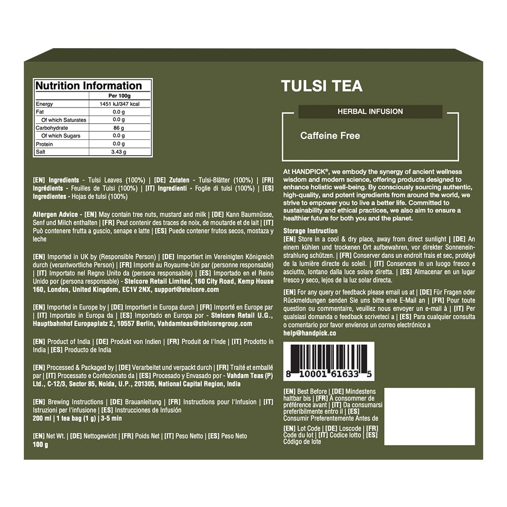 HANDPICK Holy Basil Teebeutel (100 Stück) Koffeinfreier, gentechnikfreier Kräutertee aus Tulsi-Blättern 9