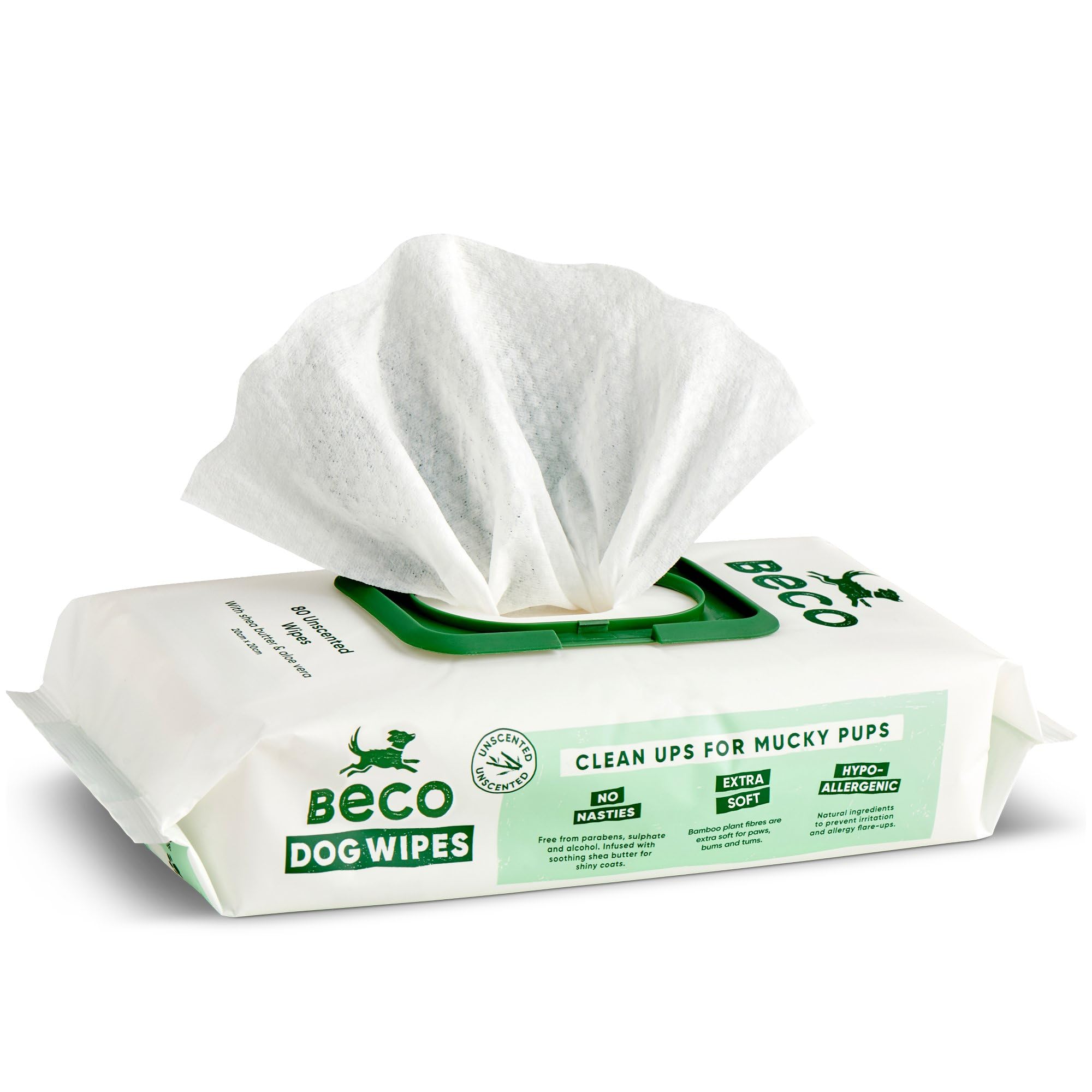 Beco Unscented Dog Wipes - 80 Count Pack | Hypoallergenic | Bamboo Material