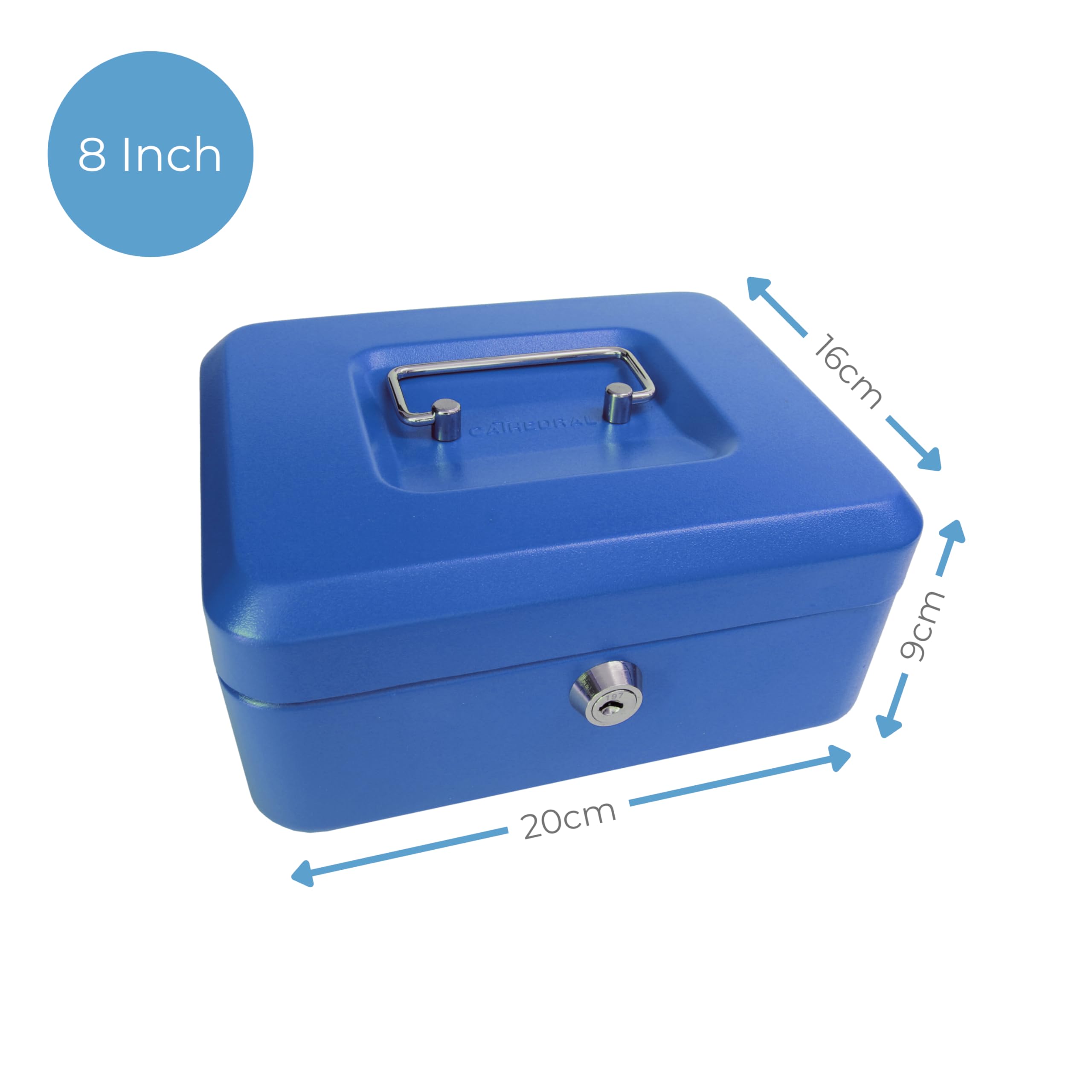 Cathedral Products Key Lockable Cash Box with 6 Compartment Coin Tray - 8 Inch - Blue