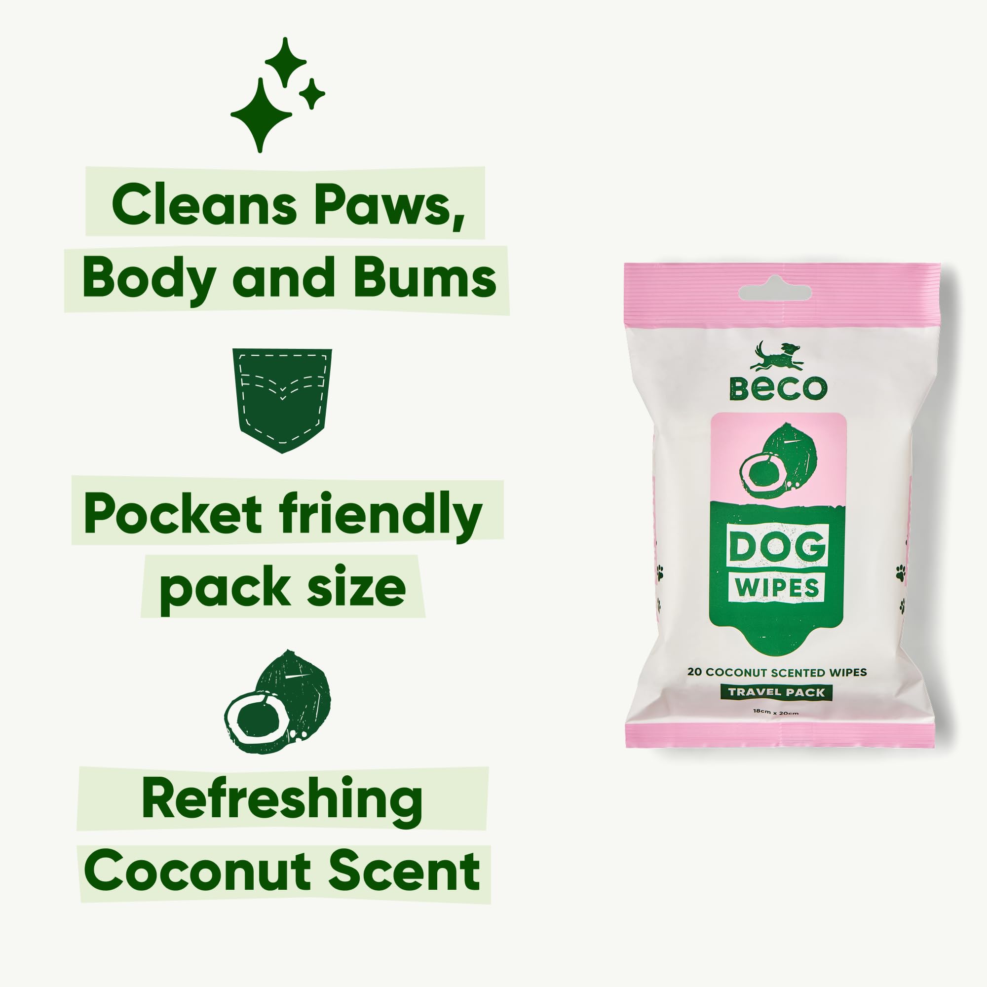 Beco Dog Wipes - Coconut Scented, Hypoallergenic, 6 Travel Packs of 20 Wipes