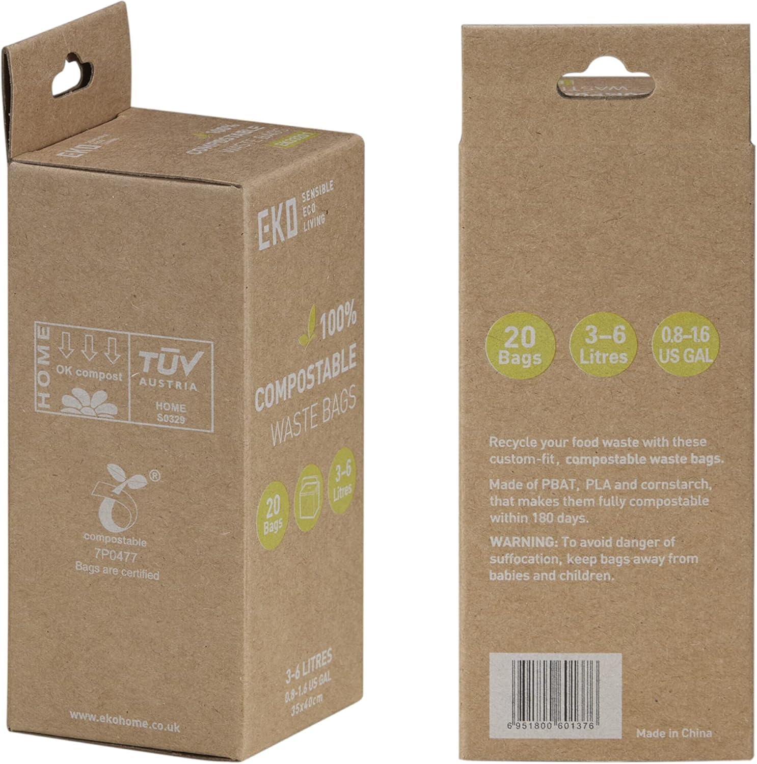 EKO Compostable Bin Liners For Food Waste Caddies - 3-6 Litre Capacity, 20 Bags, White