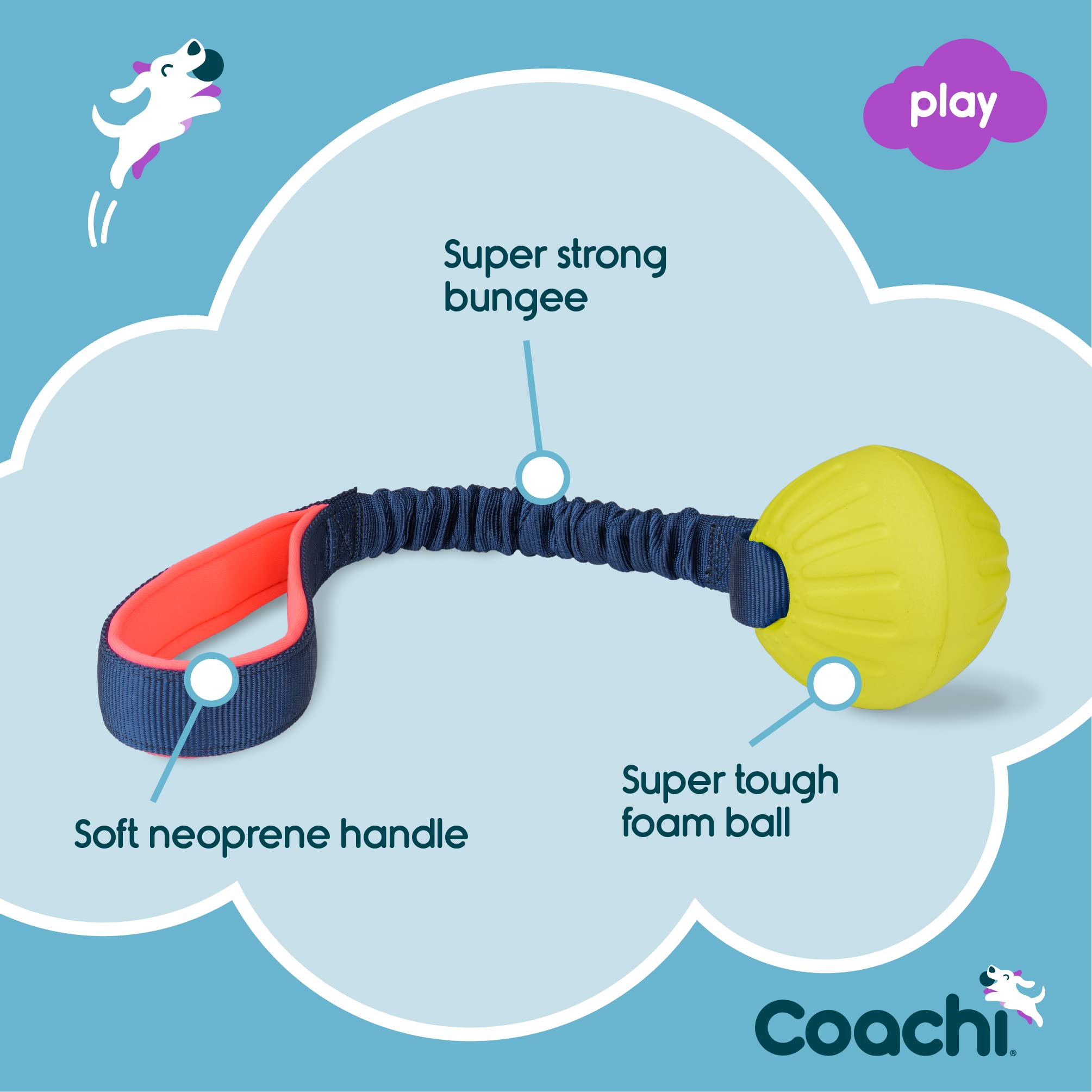 Coachi Tuggi Ball - Interactive Dog Toy for Tug of War & Fetch | Bungee Handle | Navy, Coral & Lime 3