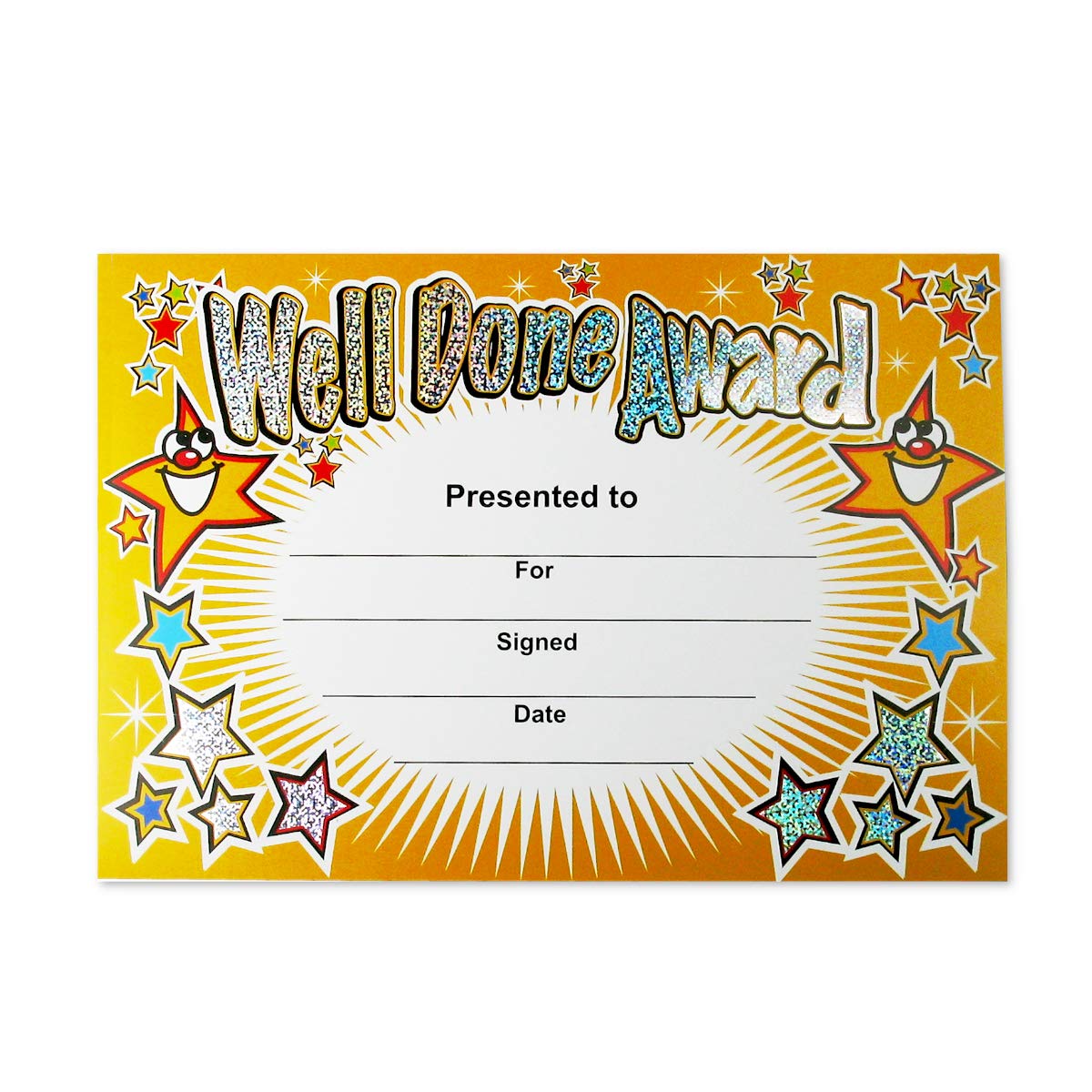 SuperStickers Sparkly ‘Well Done Award’ Certificates - Pack of 20 A5 | Multicoloured | Vinyl