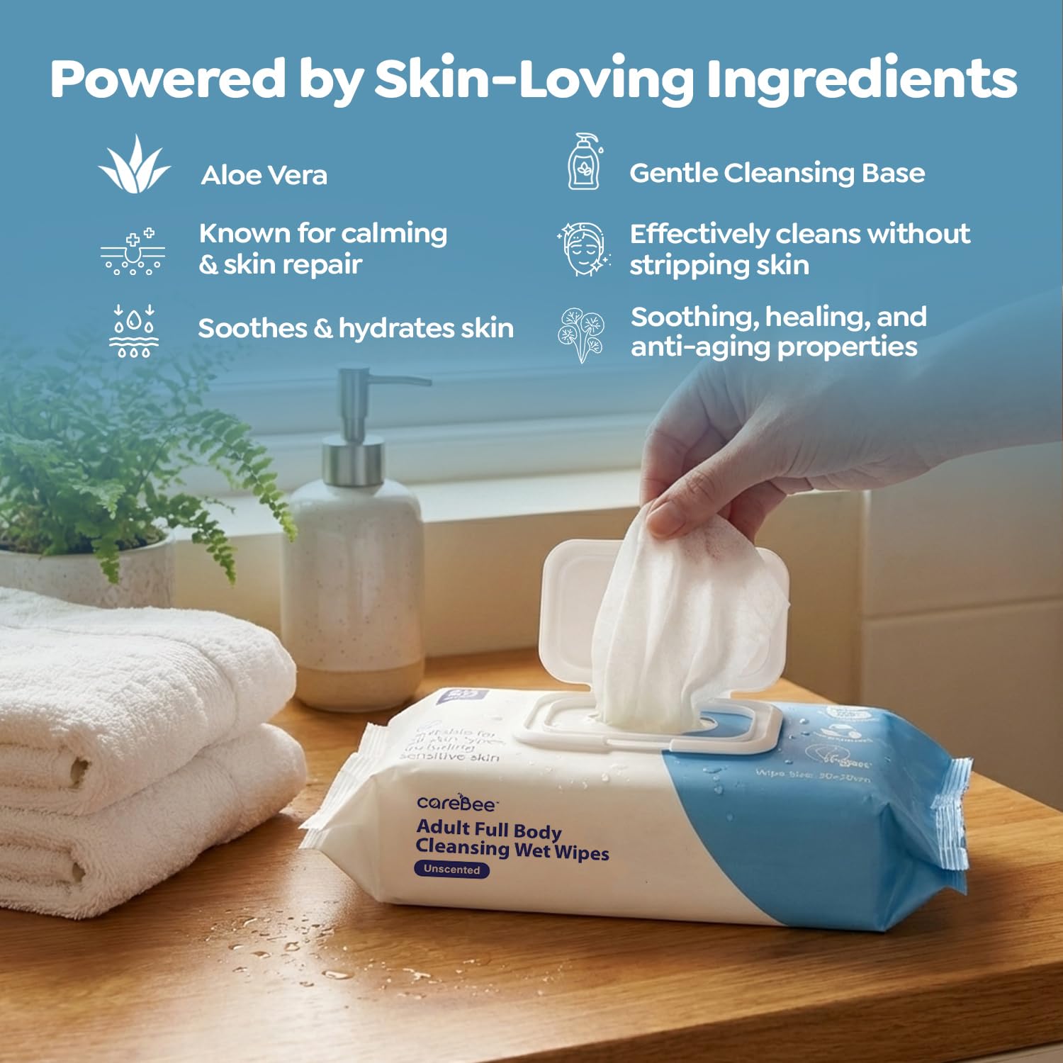 CareBee Premium Full Body Cleansing Wet Wipes for Adults - Fragrance-Free, Anti-Bacterial | Vegan, Hypoallergenic 5