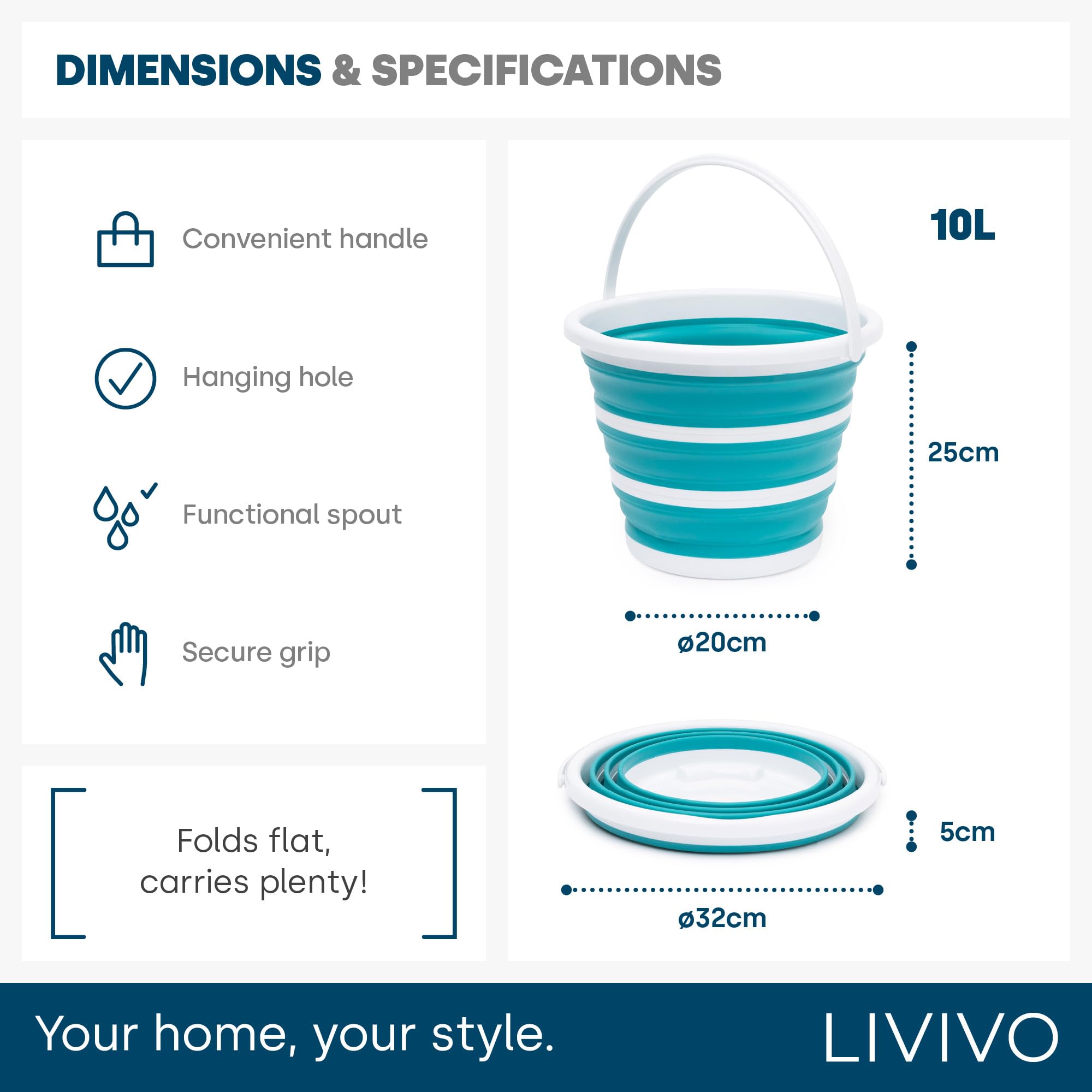 LIVIVO Collapsible Bucket - 10L Capacity, Space-Saving Folding Design | Sturdy Silicone & Plastic 9