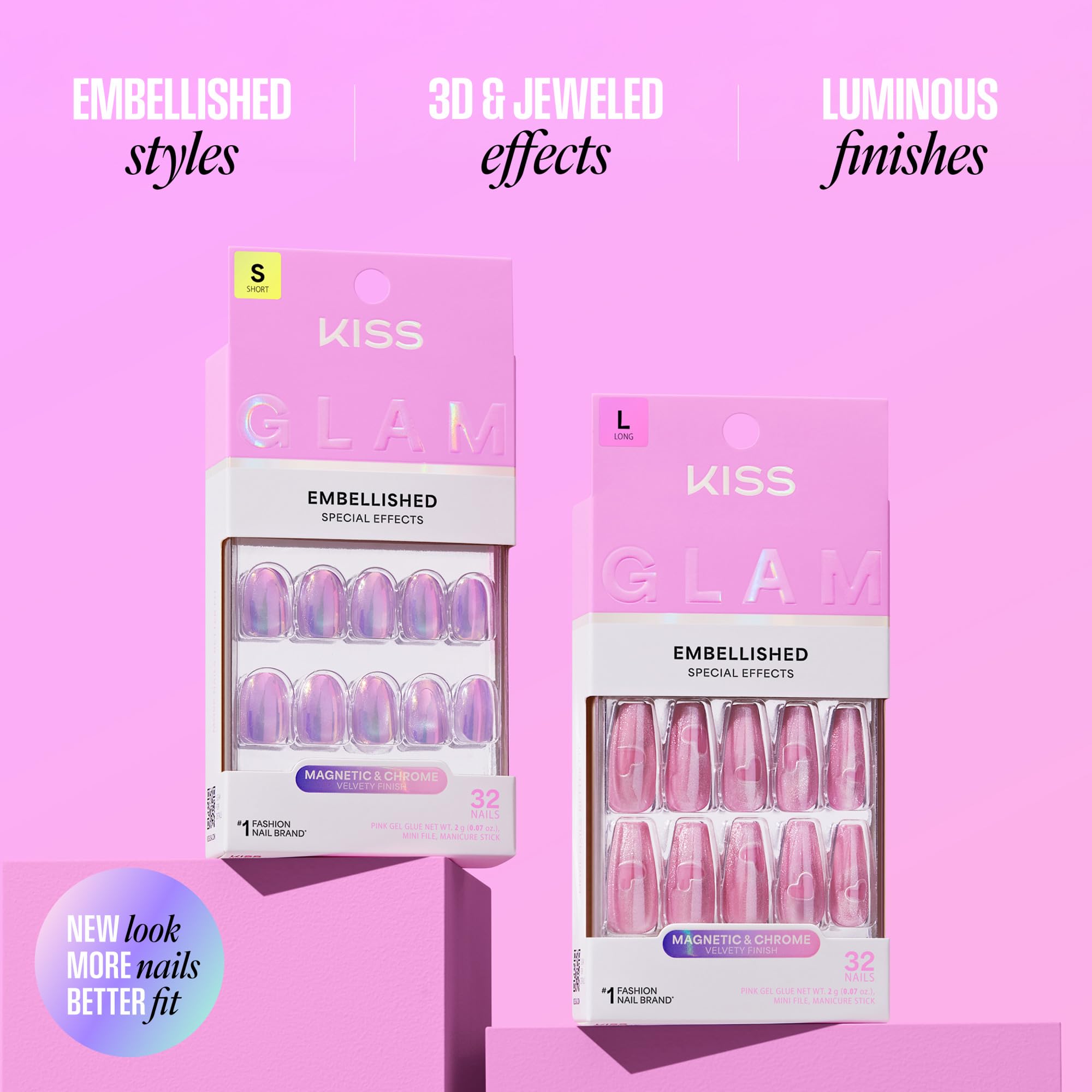 KISS GLAM Press On Nails - One n Only | Pink | Short Round | 32 Count 6