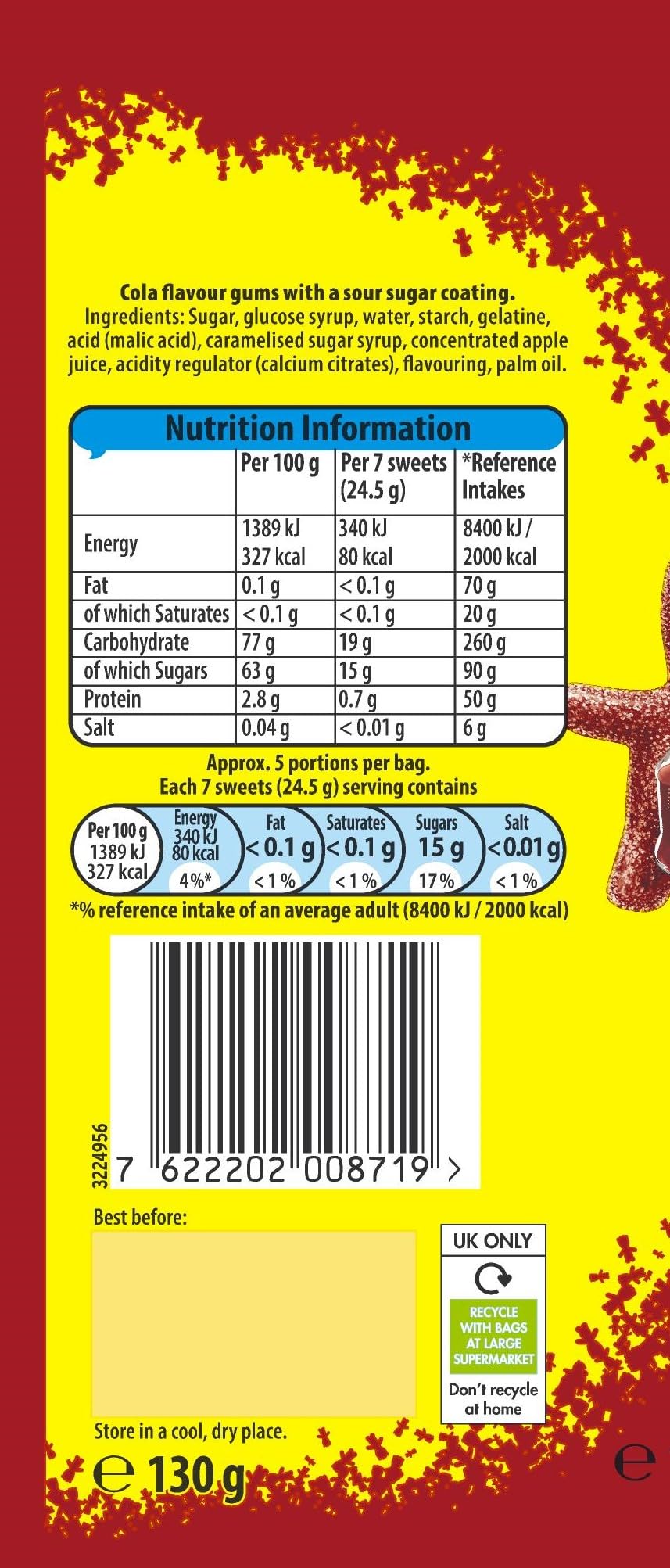 Sour Patch Kids Cola Flavour Tangy Sour Then Sweet Chewy Candies 130 g