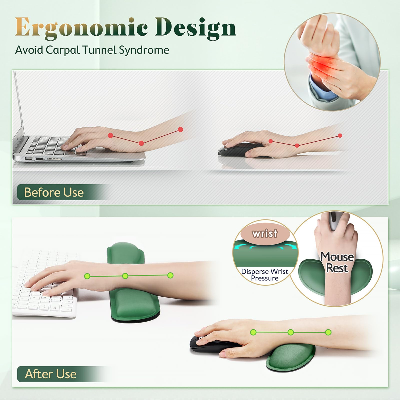 Gimars Extended Memory Foam Wrist Rest Set - 3CM Ultra Thick Support | Dark Green | 3 Items 5