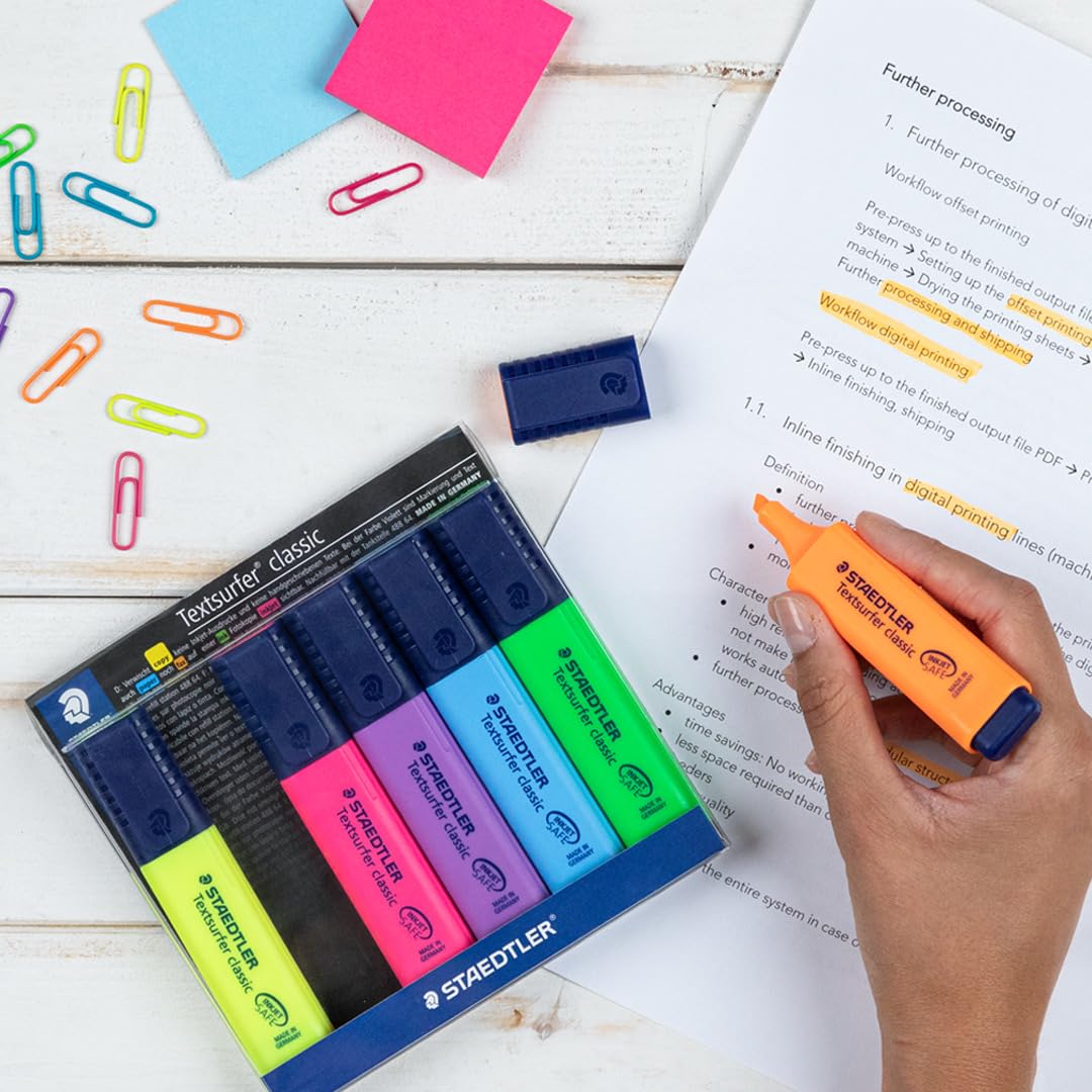 STAEDTLER Textsurfer Classic Highlighter - Assorted Colours (6 Count) | InkJet Safe, Chisel Tip