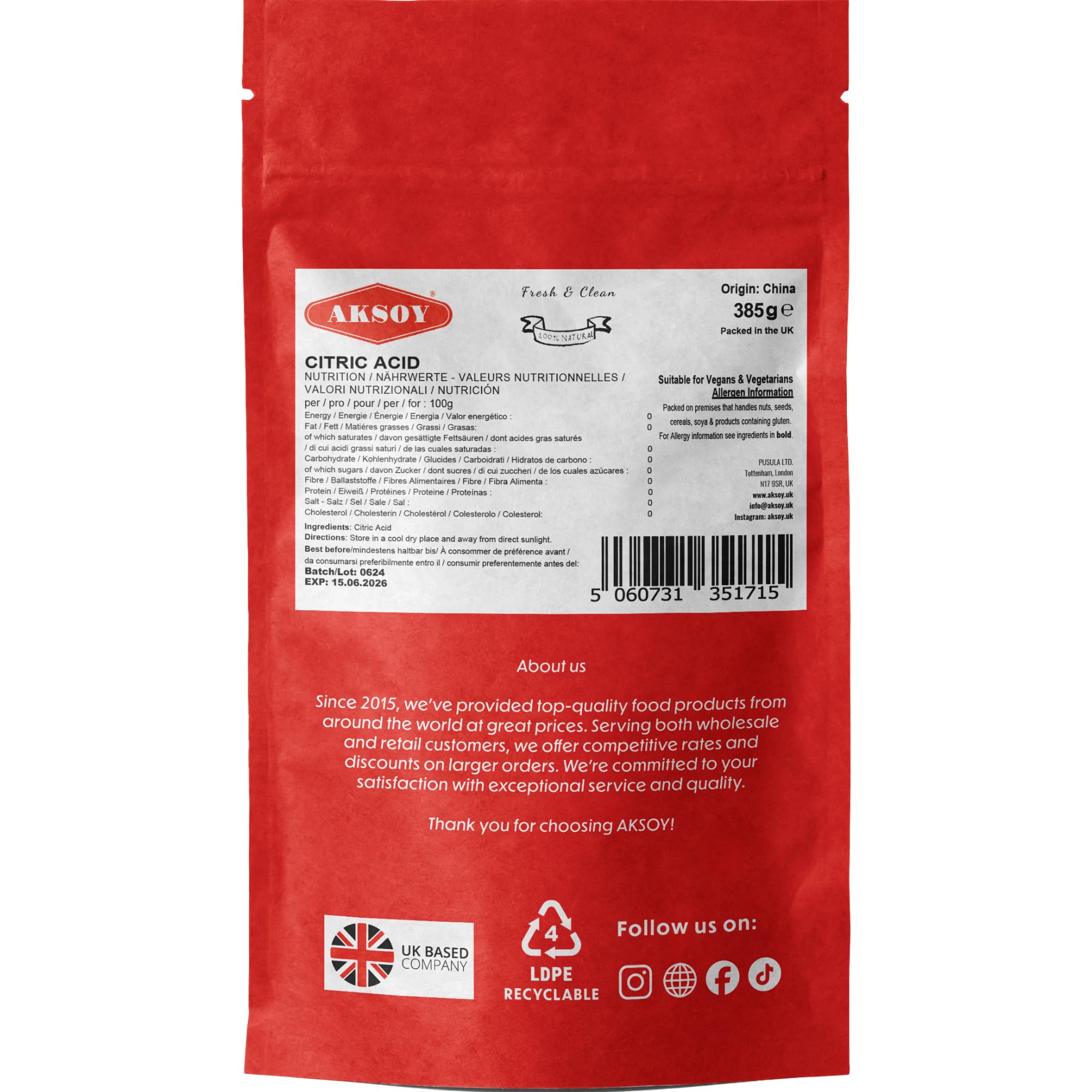 AKSOY Food Grade Citric Acid Descaler - Non-GMO, Anhydrous Granule, Lemon Scent | 385g 5