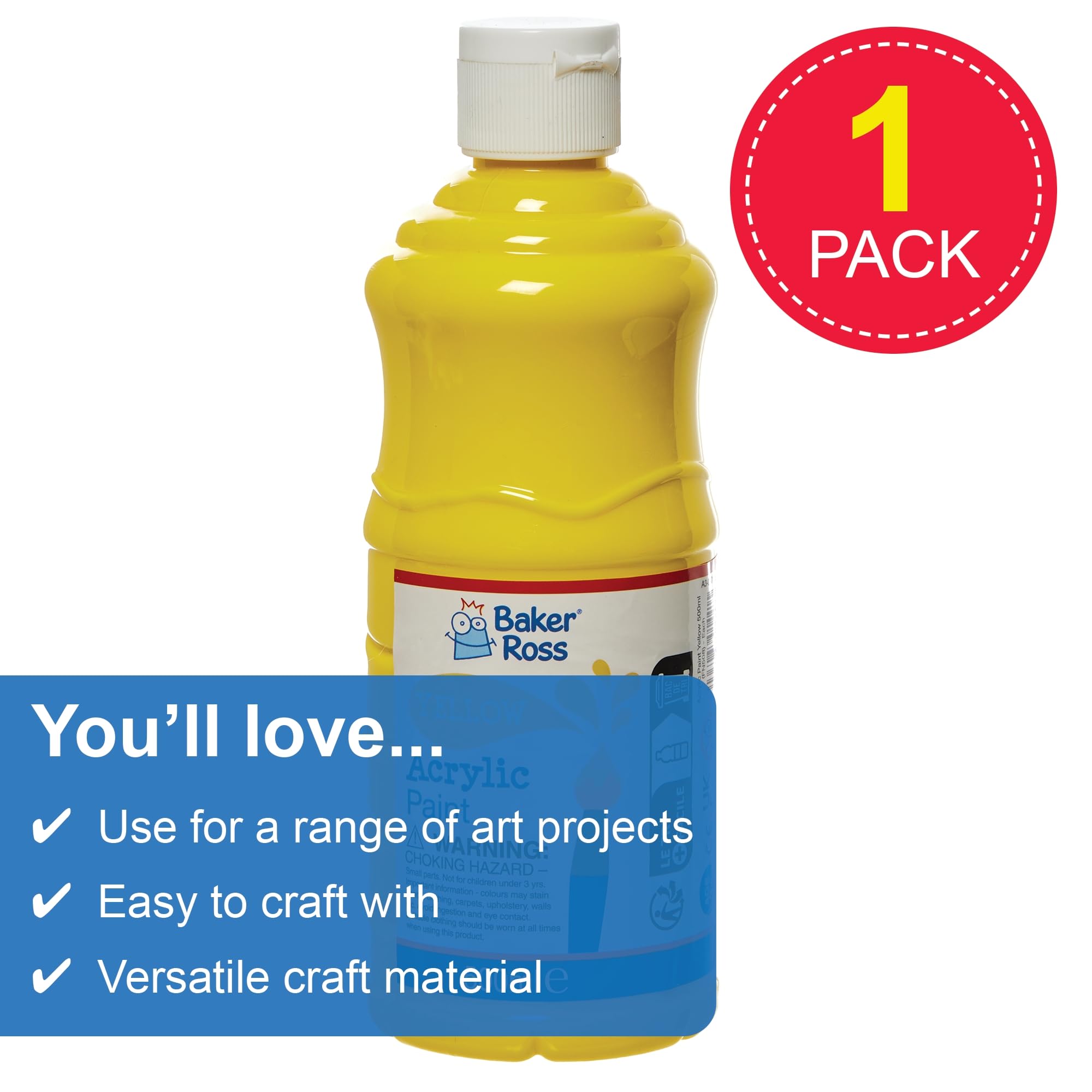 Baker Ross Yellow Acrylic Paint 500ml - Water-Based Washable Paint for Kids | Gloss Finish