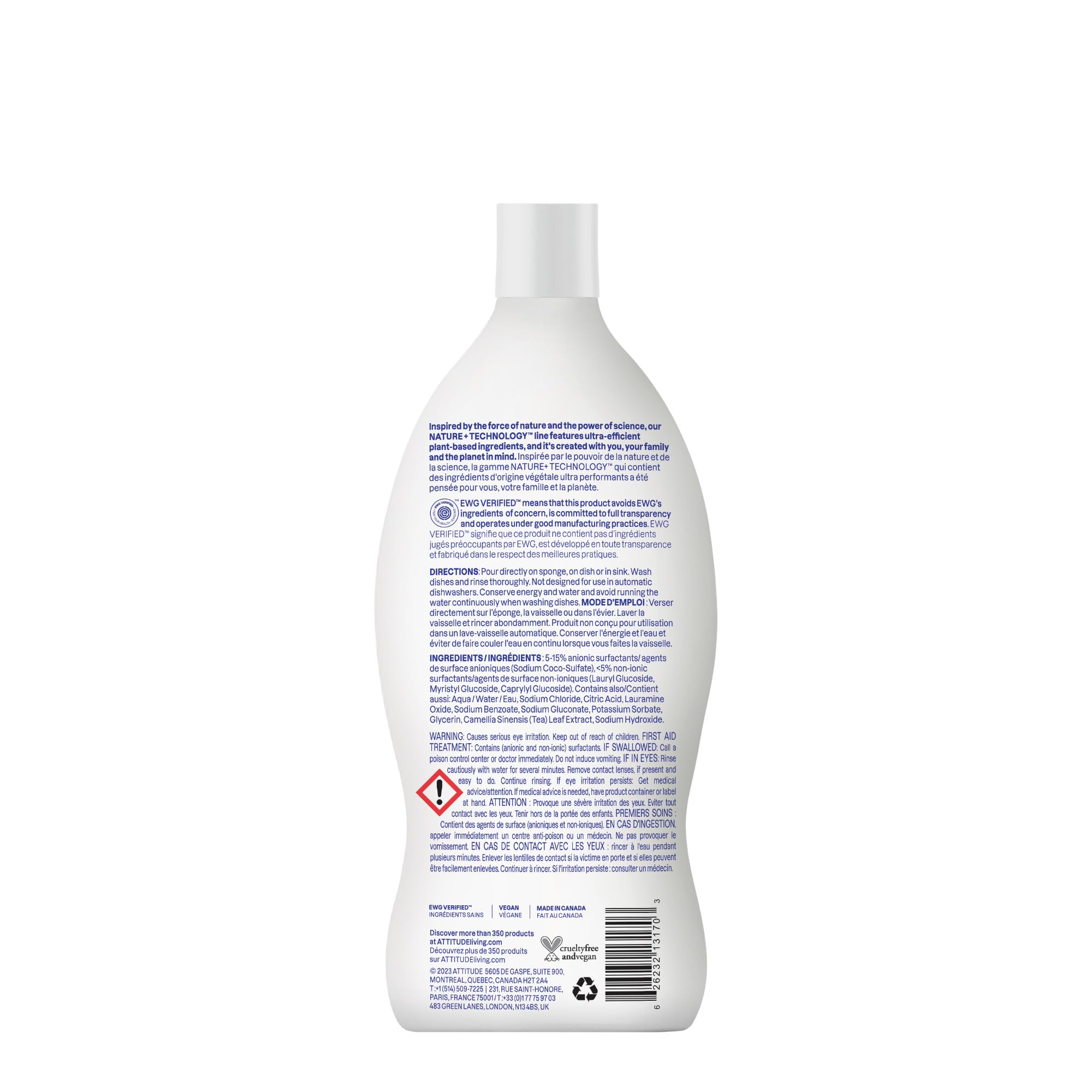 ATTITUDE EWG Verified Plant-Based Unscented Washing-Up Liquid | 700 ml | Streak Free 7