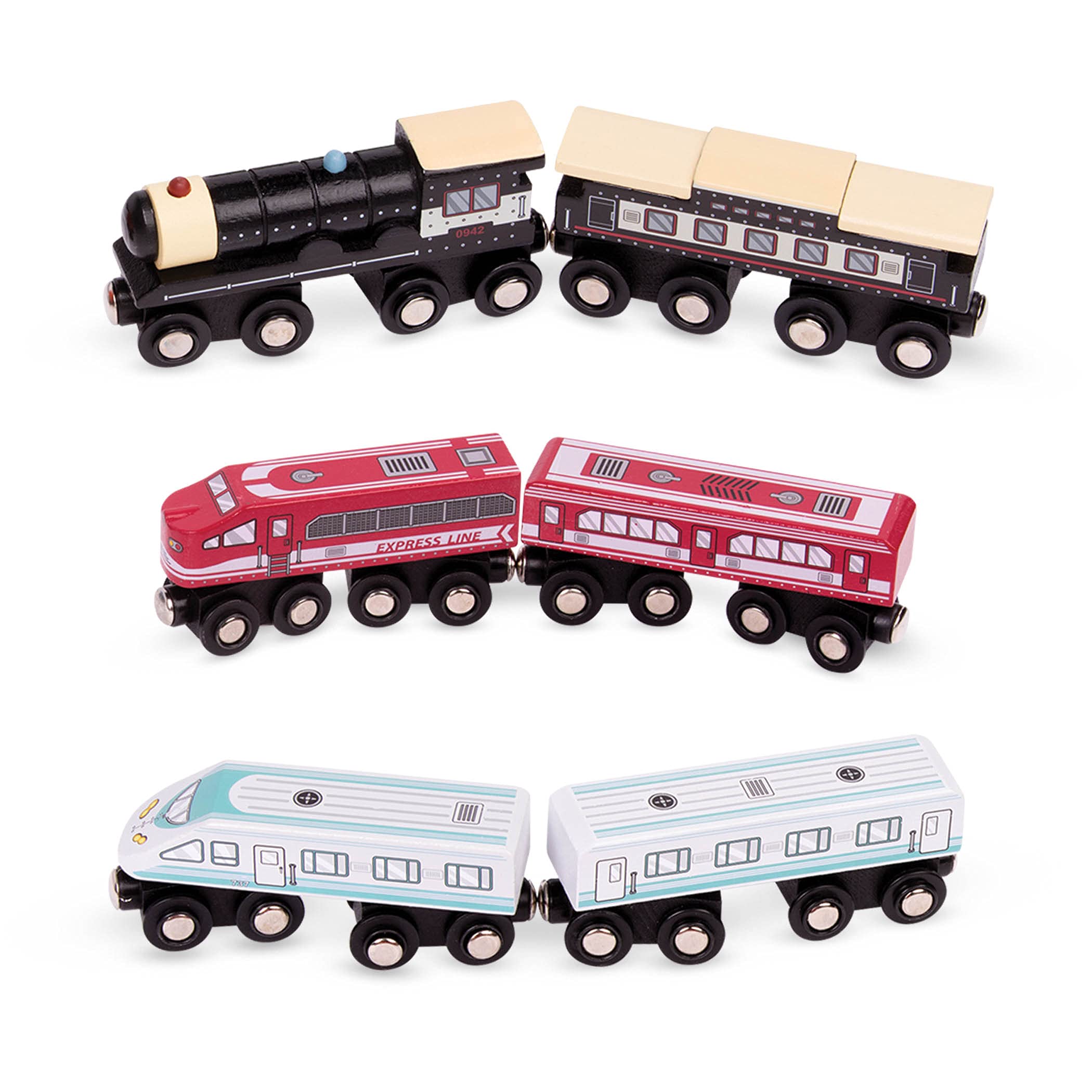 Battat Classic Magnetic Wooden Trains Set - 6 Pieces, Multicolor | Ages 3+
