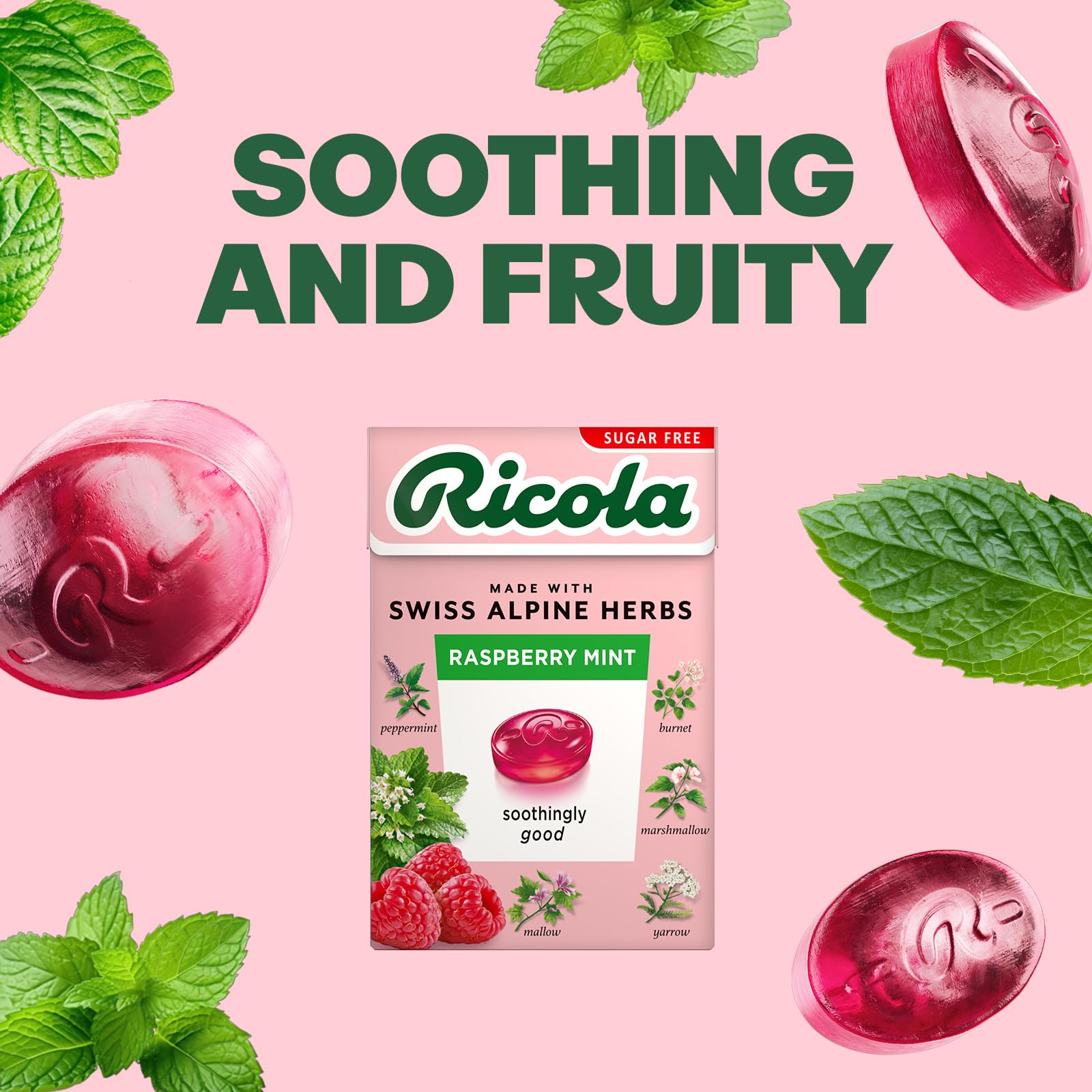 Ricola Himbeer-Minze-Kräuterbonbons ohne Zucker, 10er-Packung (je 45 g), gesüßt mit Stevia, vegan und koscher 3