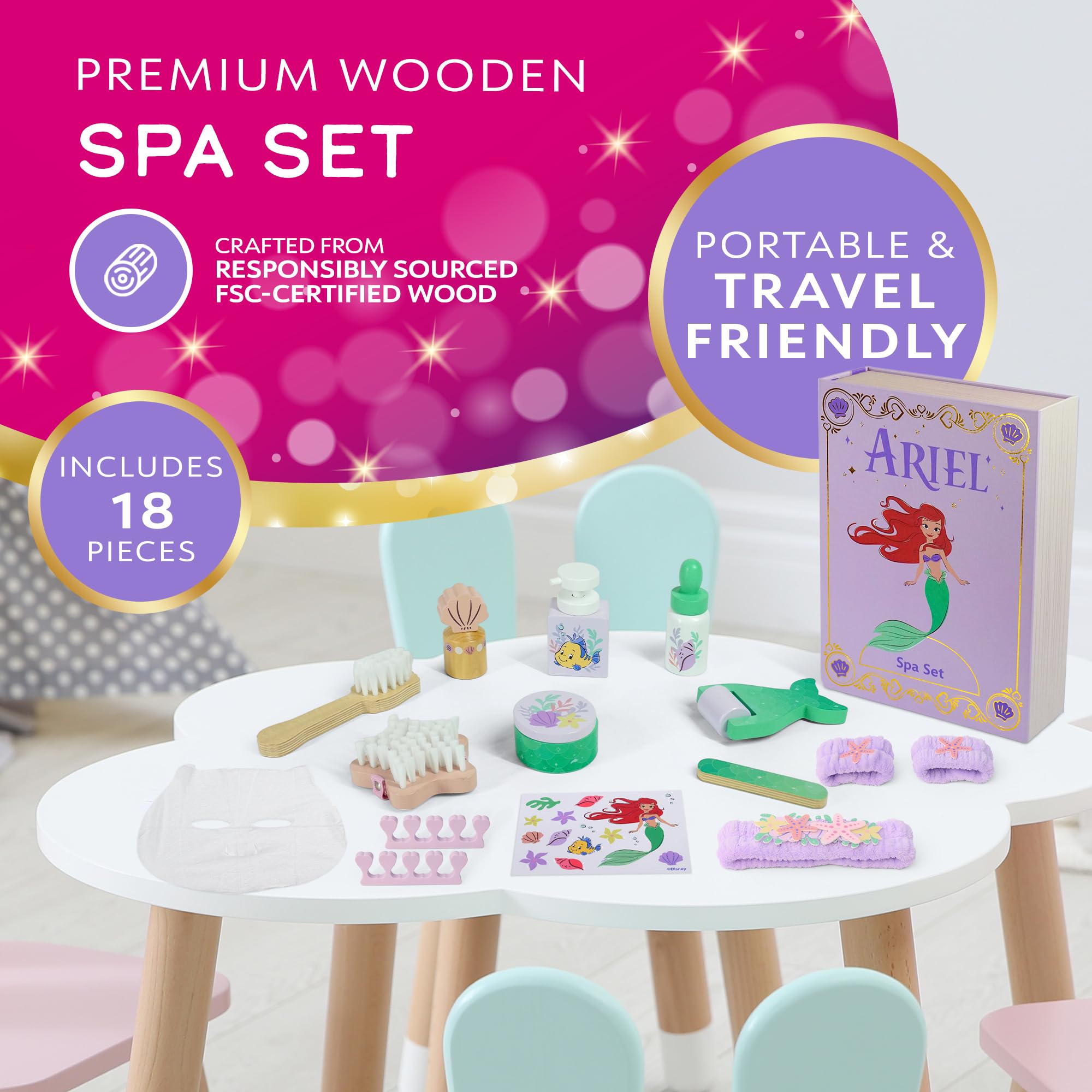 Disney Princess Ariel Wooden Spa Set for Kids - 18 Piece Pretend Beauty Play | FSC Wood | Ages 3+ 3