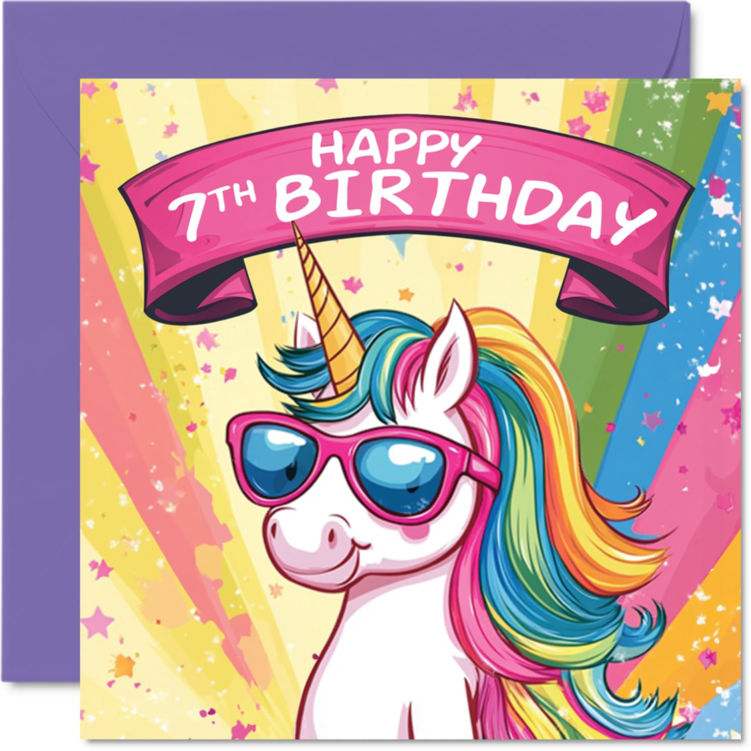 Stuff4 Girls 7th Birthday Card - Cool Unicorn Sunglasses Design | 145mm Square | 300gsm Gloss Board