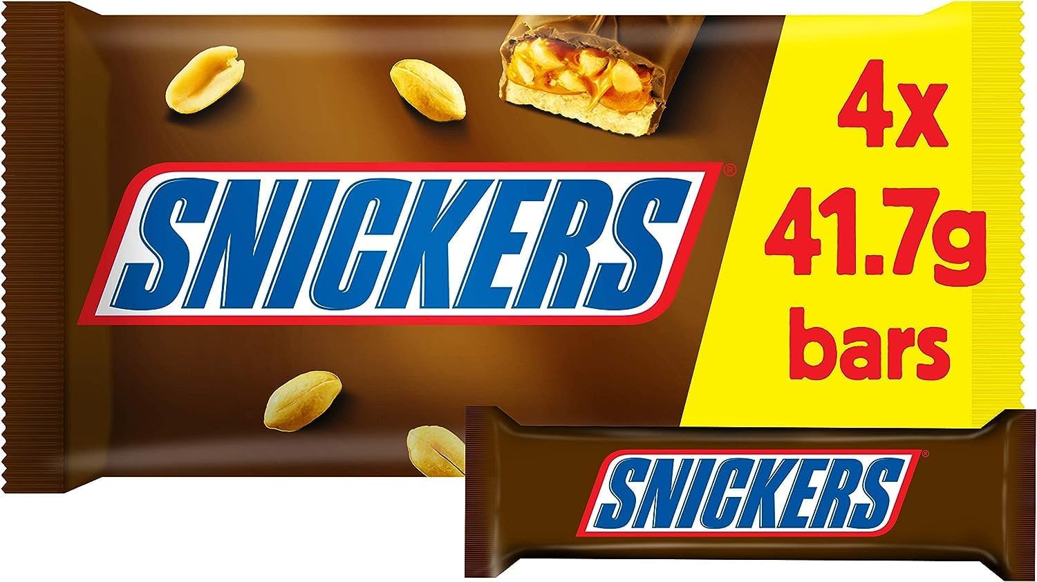 Snickers Schokoriegel Multipack, 4er-Pack Milchschokoladen-Snacks mit Erdnüssen, Karamell und Nougat
