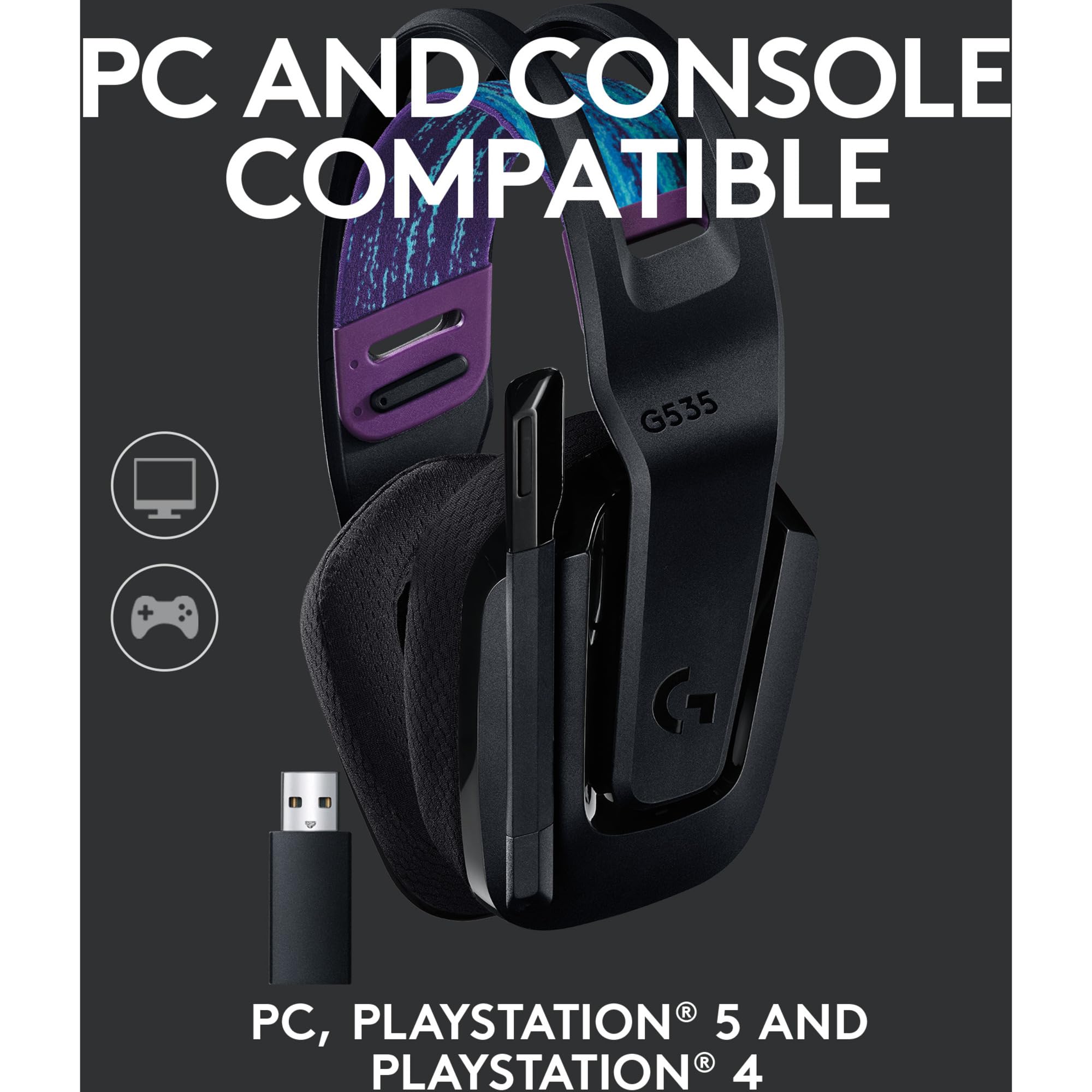 Logitech G G535 LIGHTSPEED Wireless Gaming Headset - 40mm Drivers, Lightweight 236g, USB Plug & Play for PC and PlayStation 12