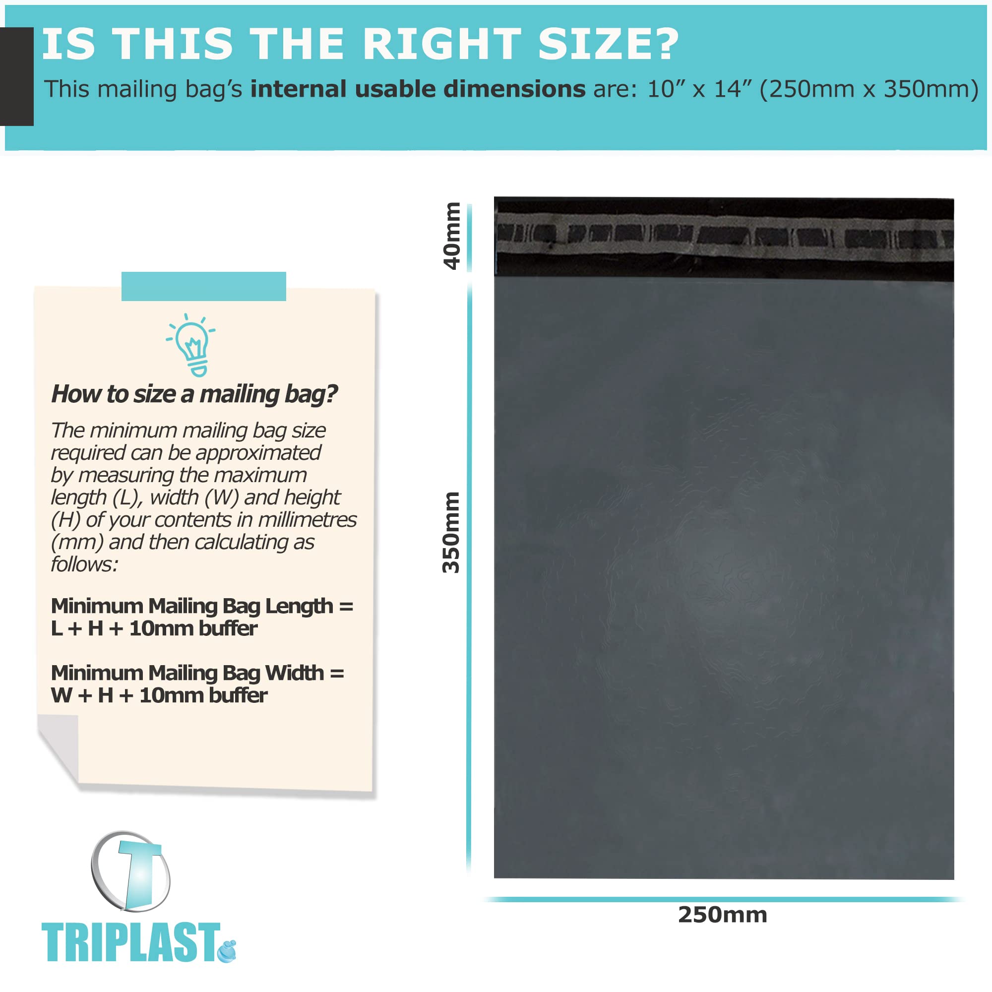 Triplast Plastic Mailing Postal Bags - 10 x 14 Inch Grey, Puncture Resistant | Pack of 200