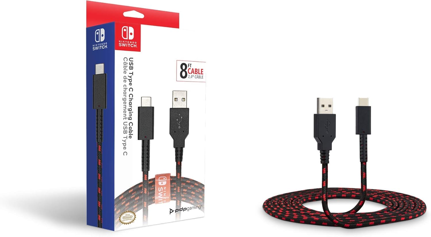 PDP 8-Fuß-USB-C-Ladekabel für Nintendo Switch – Schwarz/Rot 4