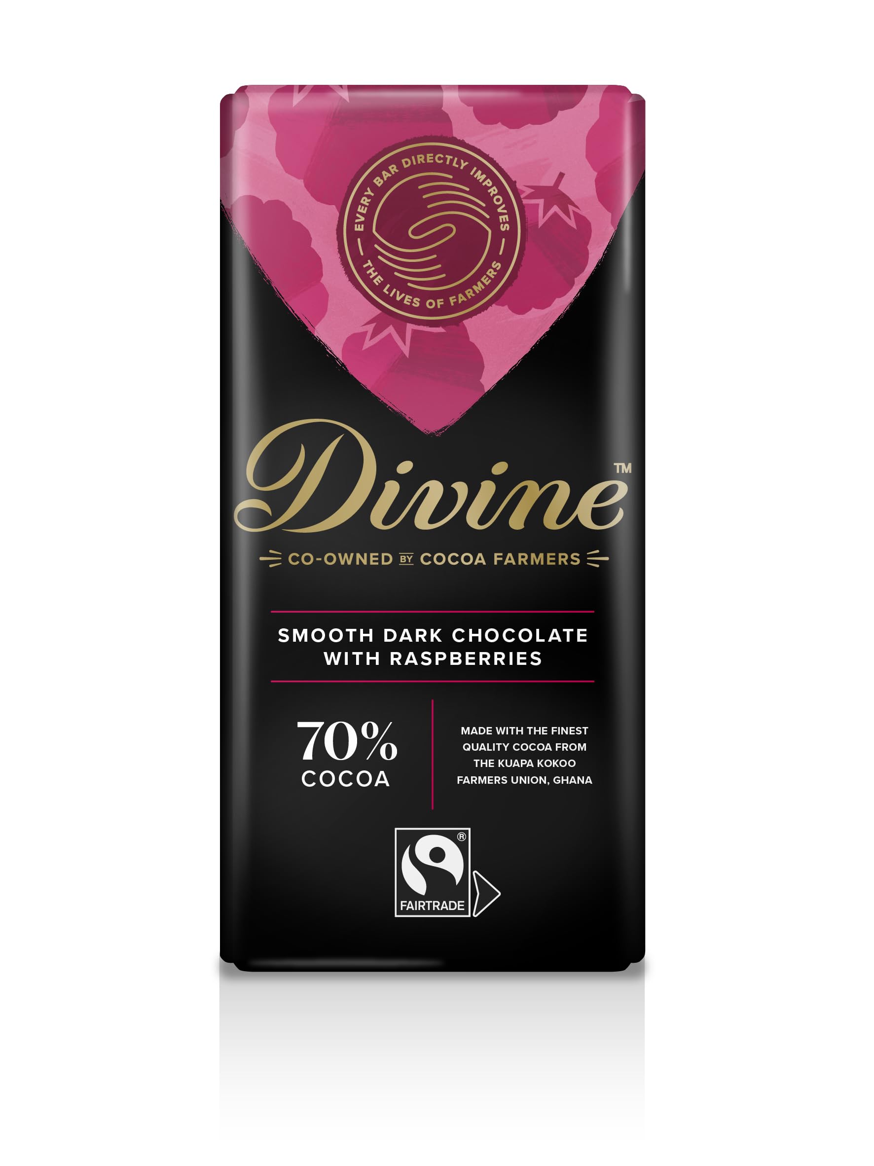 Divine - 70% dunkle Schokolade mit Himbeeren Riegel (90 g)