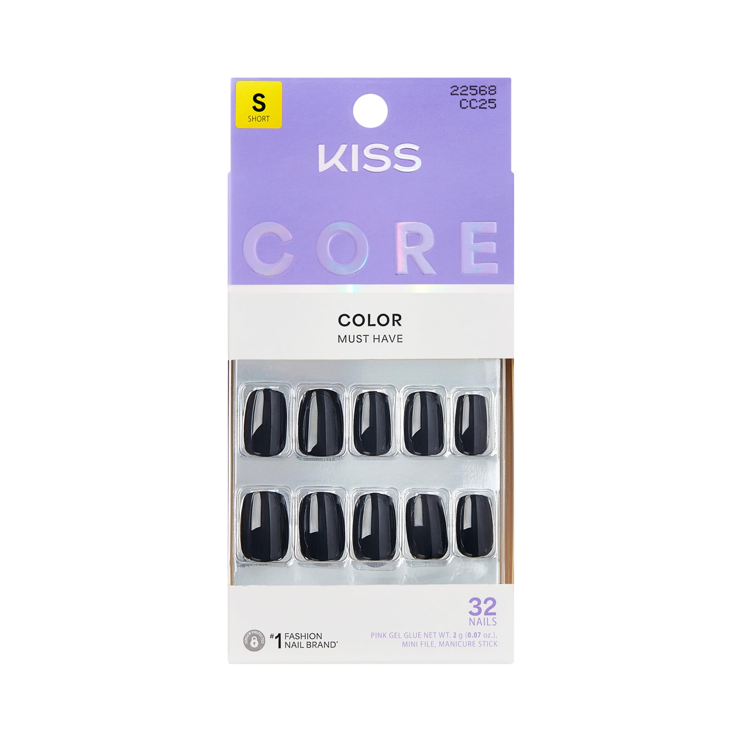 KISS CORE Color Press On Nails - Photogenic Black Short Squoval | 32 Count