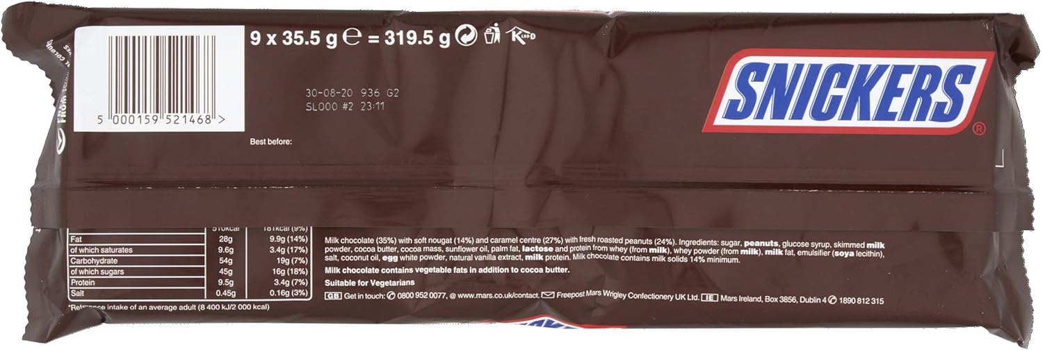 Snickers 9er Riegelpackung 9x35,5g - Milchschokolade mit Nougat, Karamell &amp; gerösteten Erdnüssen 4