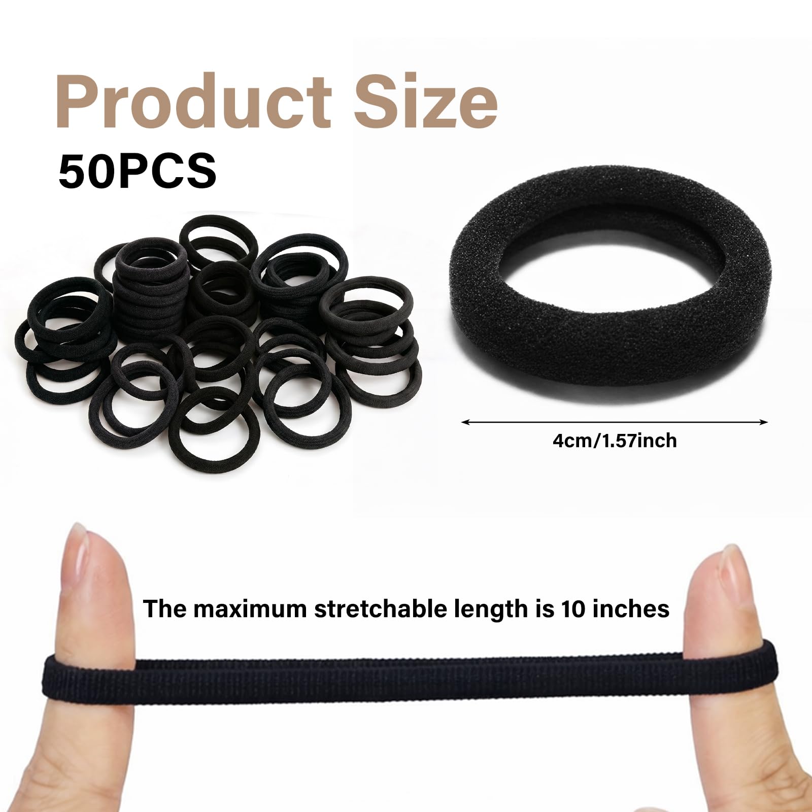 Lafefe 50 Pcs Thick Seamless Hair Bobbles - Strong Elastic Hold | Medium Size Black Nylon