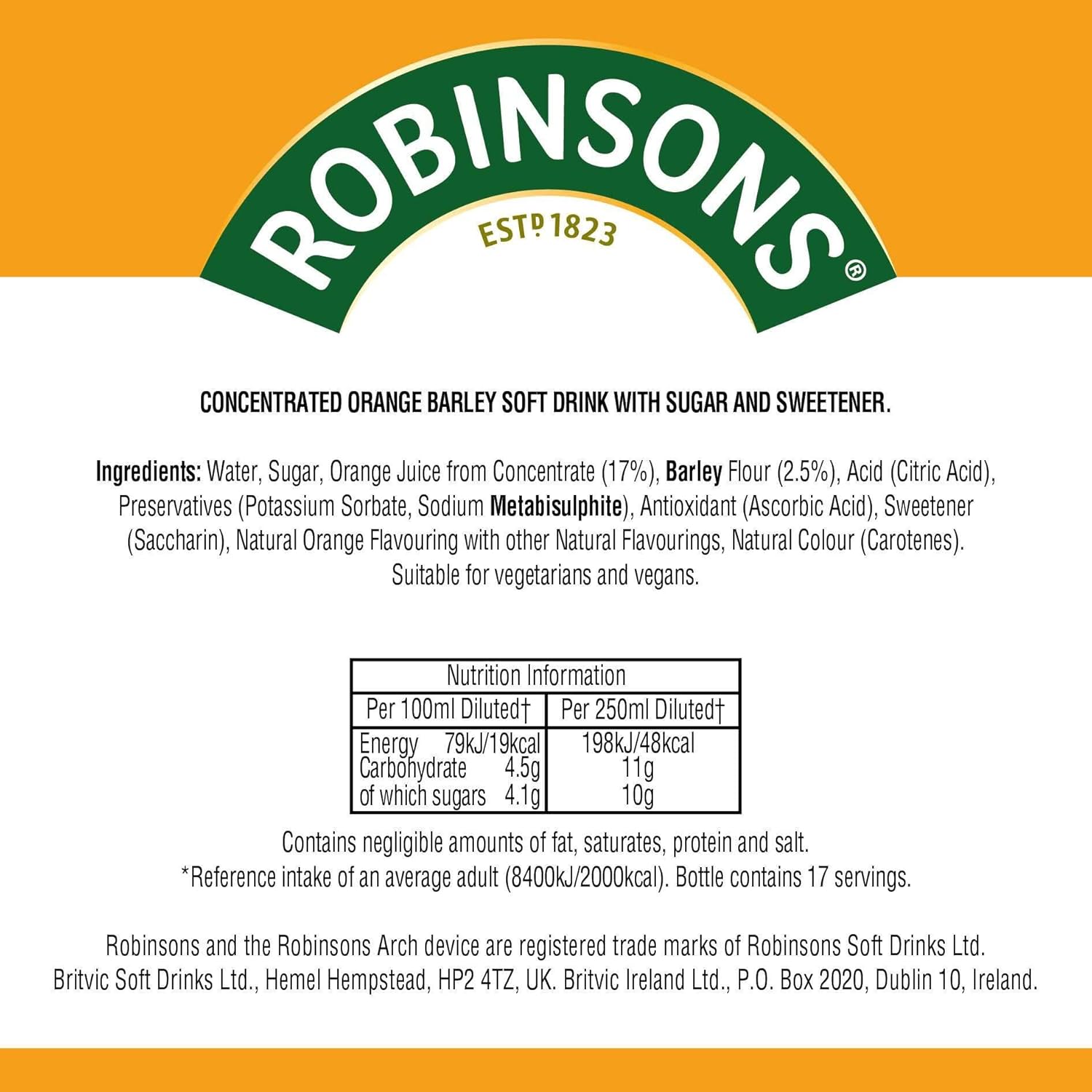 Robinsons Barley Water – Echtes Fruchtsirup, kalorienarm, Orange – 850 ml 4