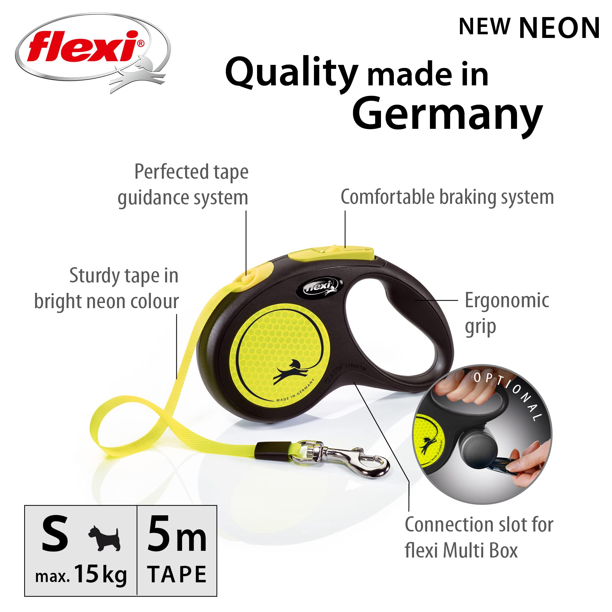 flexi New Neon S Retractable Lead - 5m Tape, High Visibility | Ergonomic Grip